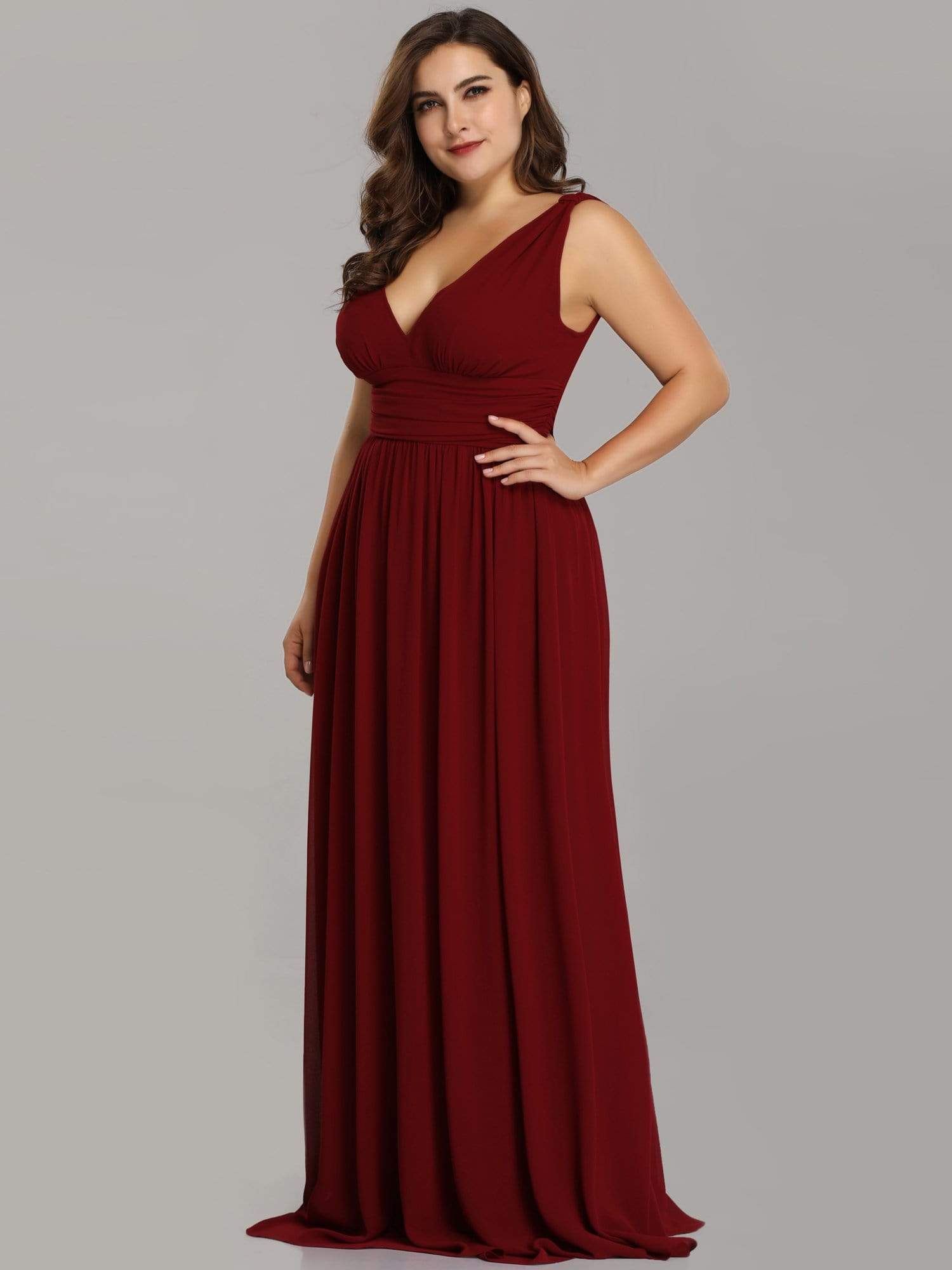 COLOR=Burgundy | Plus Size Sleeveless V-Neck Semi-Formal Chiffon Maxi Dress-Burgundy 2