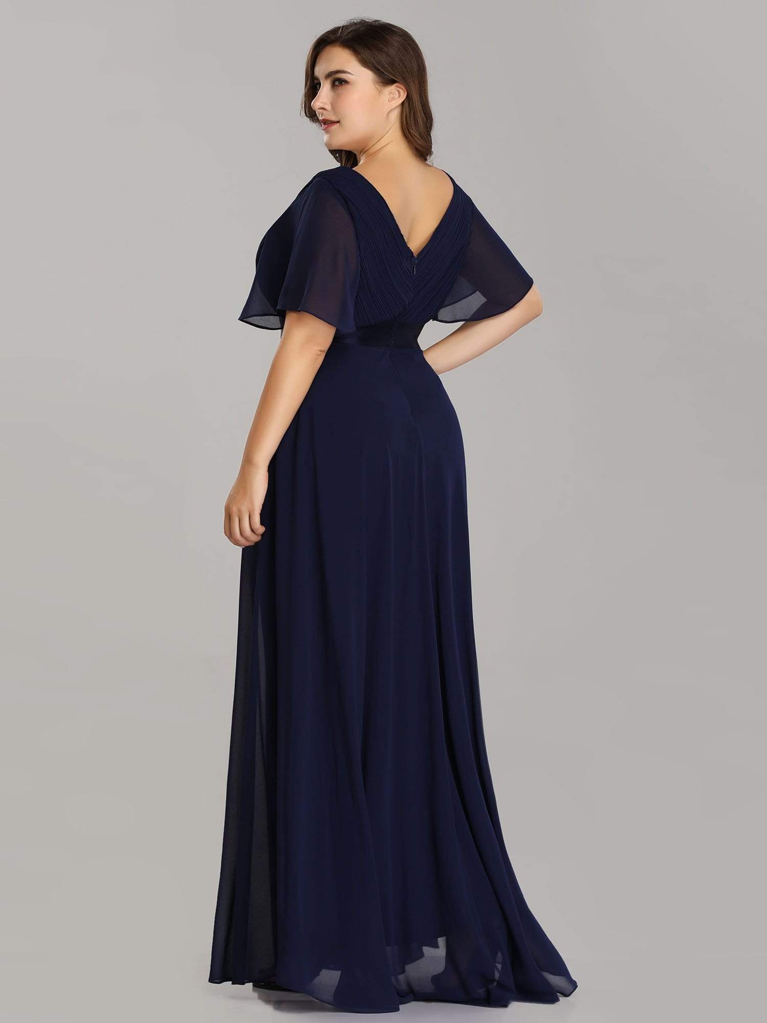 COLOR=Navy Blue | Plus Size Long Empire Waist Evening Dress With Short Flutter Sleeves-Navy Blue 4 COLOR=Navy Blue | Plus Size Long Empire Waist Evening Dress With Short Flutter Sleeves-Navy Blue 4