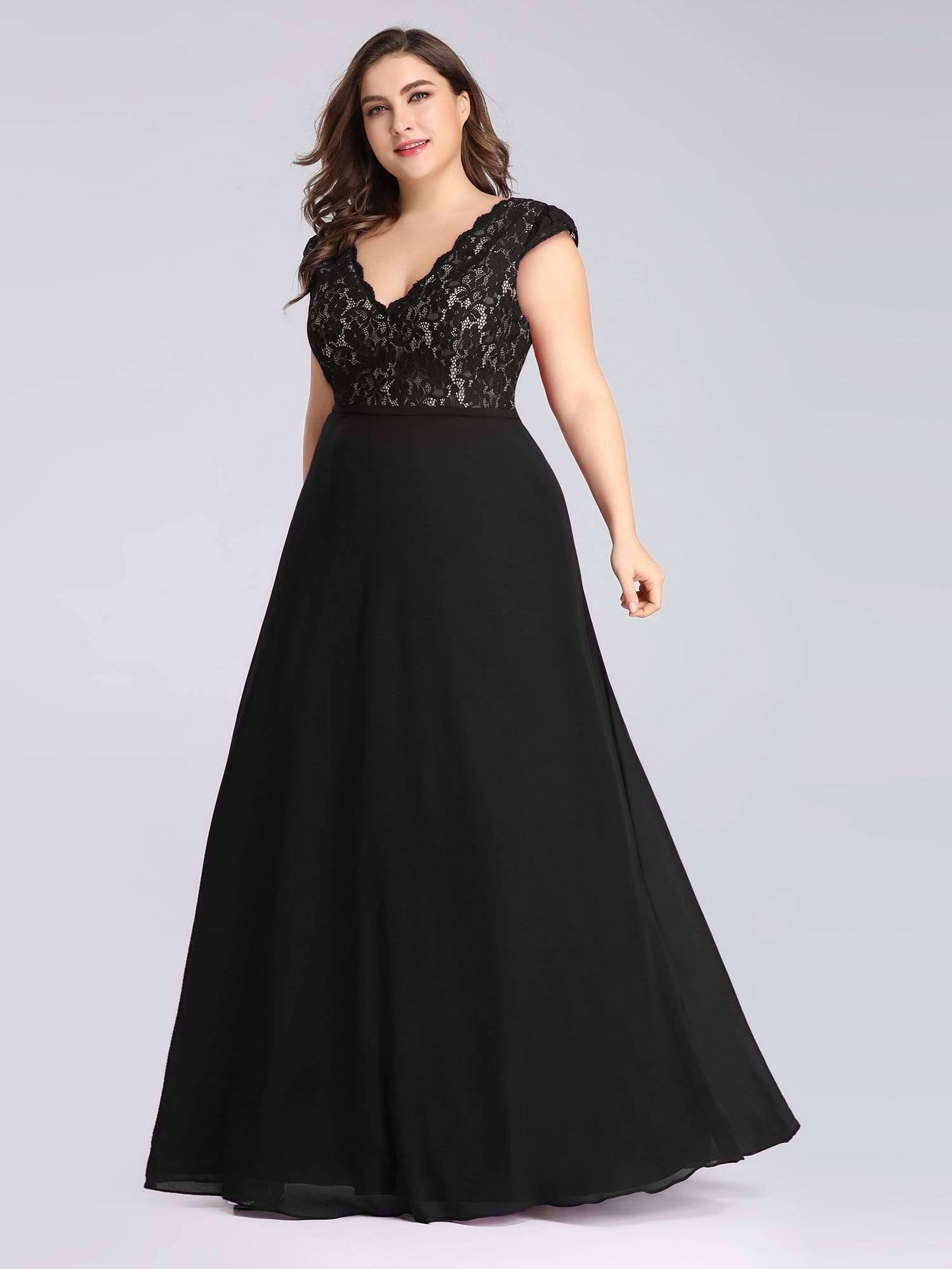 Color=Black | Plus Size Long Evening Dress With Lace Bust-Black 1 Color=Black | Plus Size Long Evening Dress With Lace Bust-Black 1