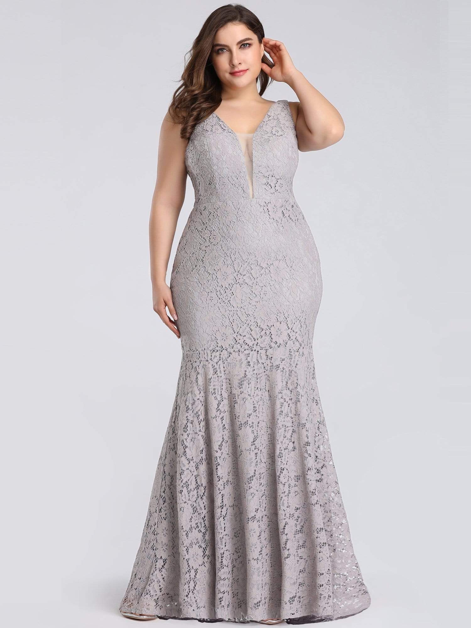 Color=Grey | Plus Size Sexy Fitted Lace Mermaid Style Evening Gown-Grey 3 Color=Grey | Plus Size Sexy Fitted Lace Mermaid Style Evening Gown-Grey 3
