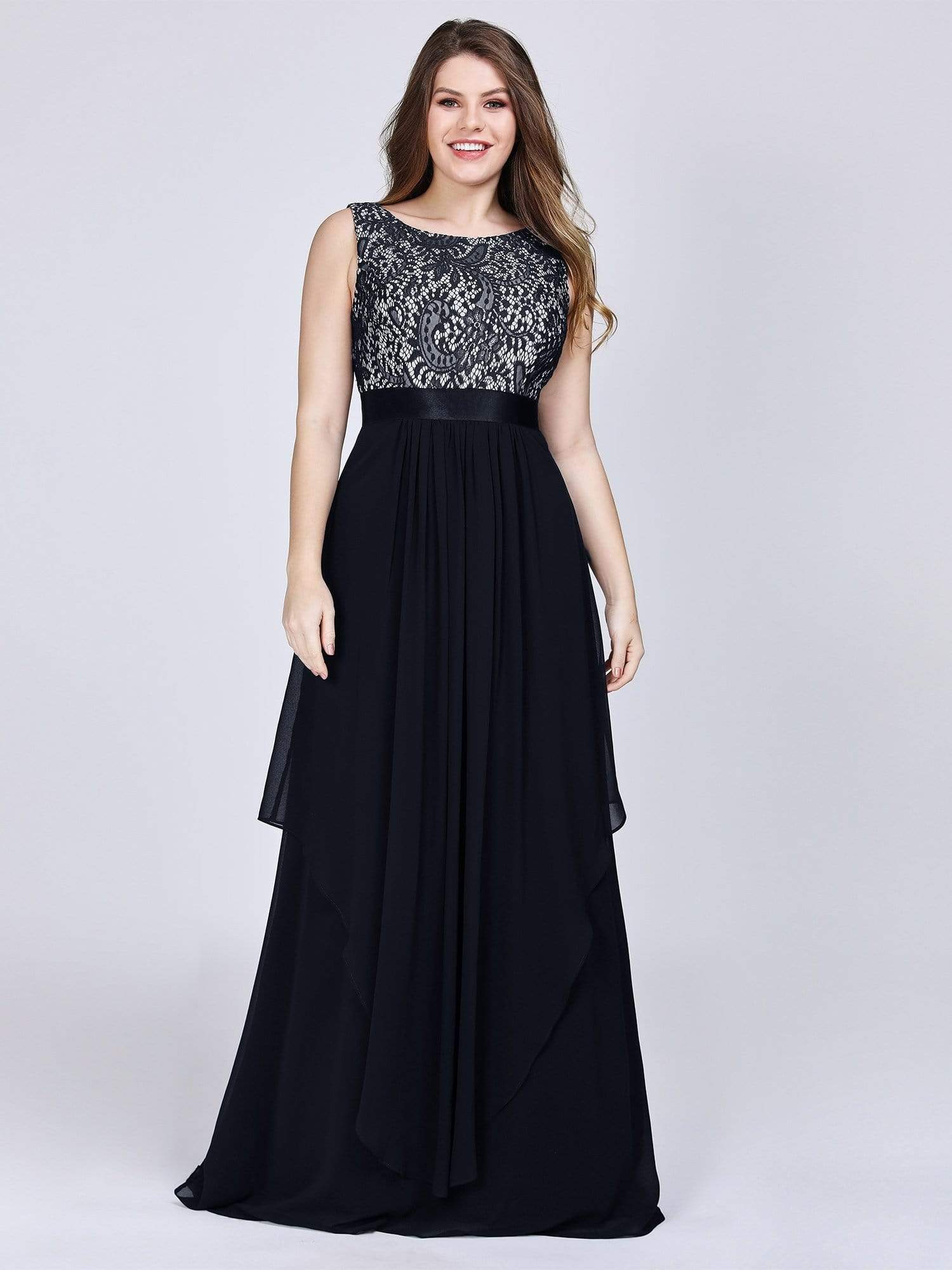 Color=Black | Plus Size Sleeveless Long Evening Dress With Lace Bodice-Black 1 Color=Black | Plus Size Sleeveless Long Evening Dress With Lace Bodice-Black 1