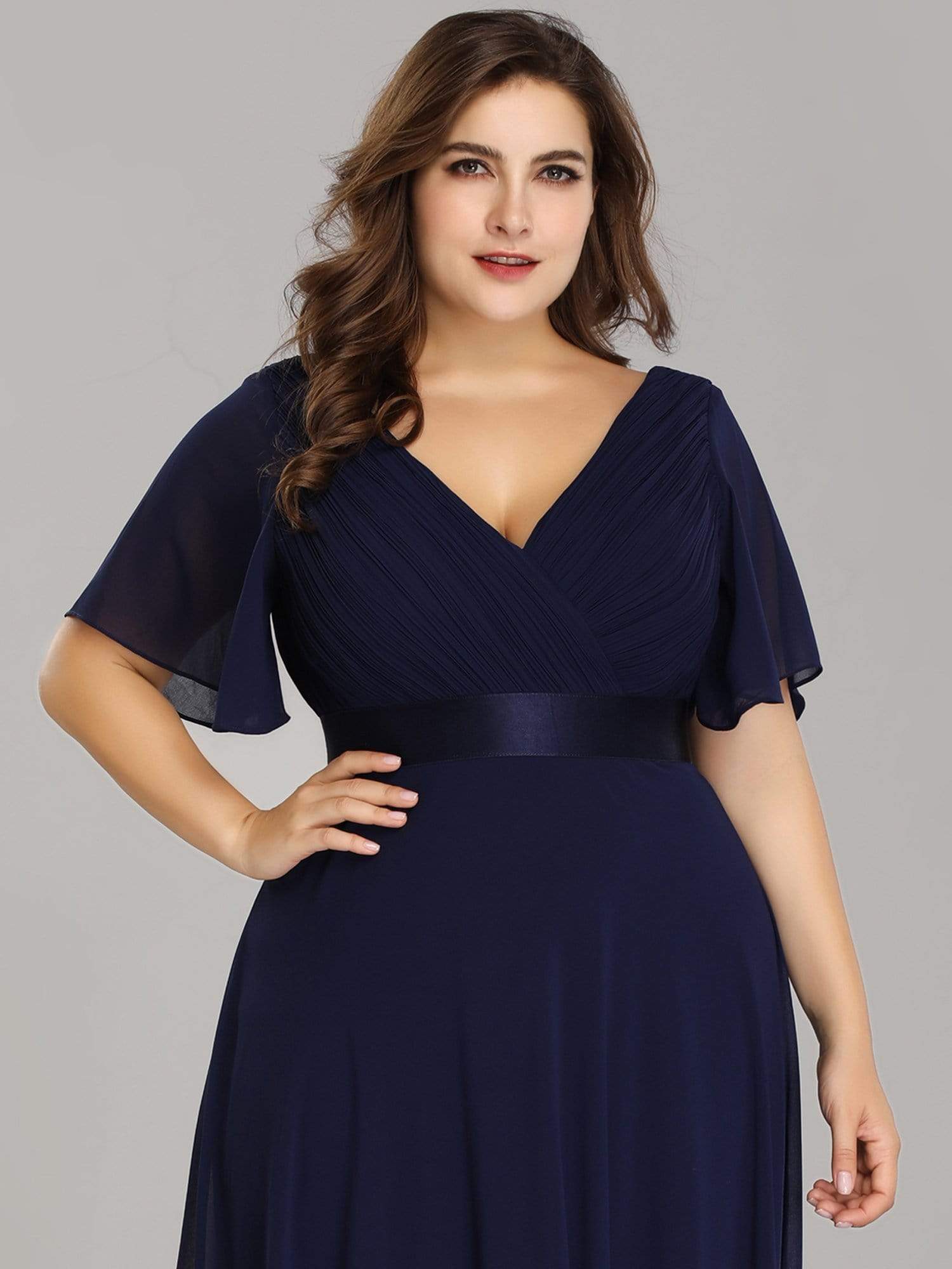COLOR=Navy Blue | Plus Size Long Empire Waist Evening Dress With Short Flutter Sleeves-Navy Blue 5 COLOR=Navy Blue | Plus Size Long Empire Waist Evening Dress With Short Flutter Sleeves-Navy Blue 5