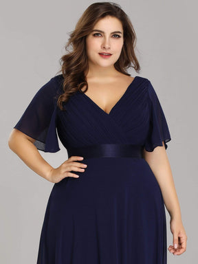 COLOR=Navy Blue | Plus Size Long Empire Waist Evening Dress With Short Flutter Sleeves-Navy Blue 5