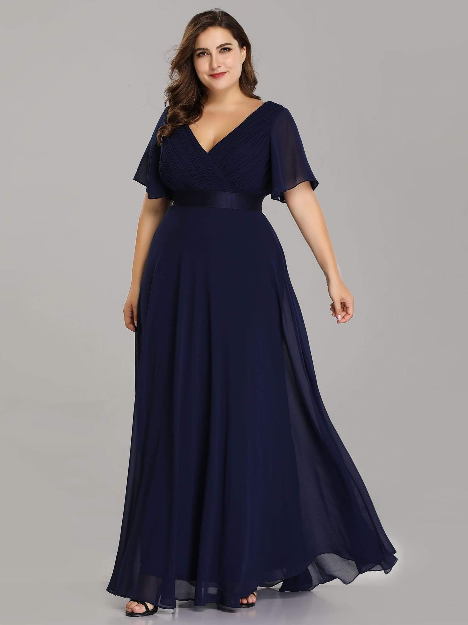 COLOR=Navy Blue | Plus Size Long Empire Waist Evening Dress With Short Flutter Sleeves-Navy Blue 3 COLOR=Navy Blue | Plus Size Long Empire Waist Evening Dress With Short Flutter Sleeves-Navy Blue 3