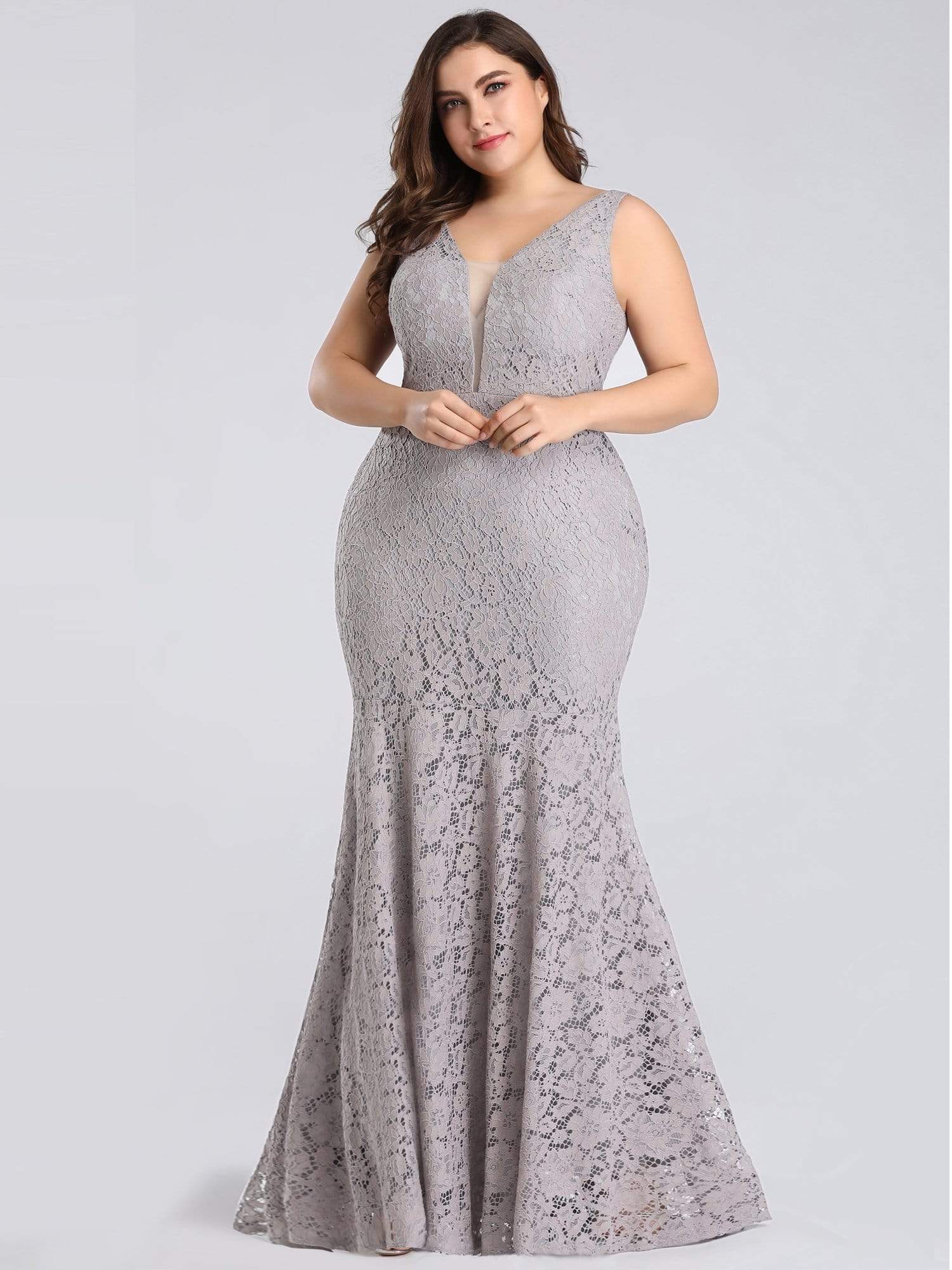 Color=Grey | Plus Size Sexy Fitted Lace Mermaid Style Evening Gown-Grey 2 Color=Grey | Plus Size Sexy Fitted Lace Mermaid Style Evening Gown-Grey 2