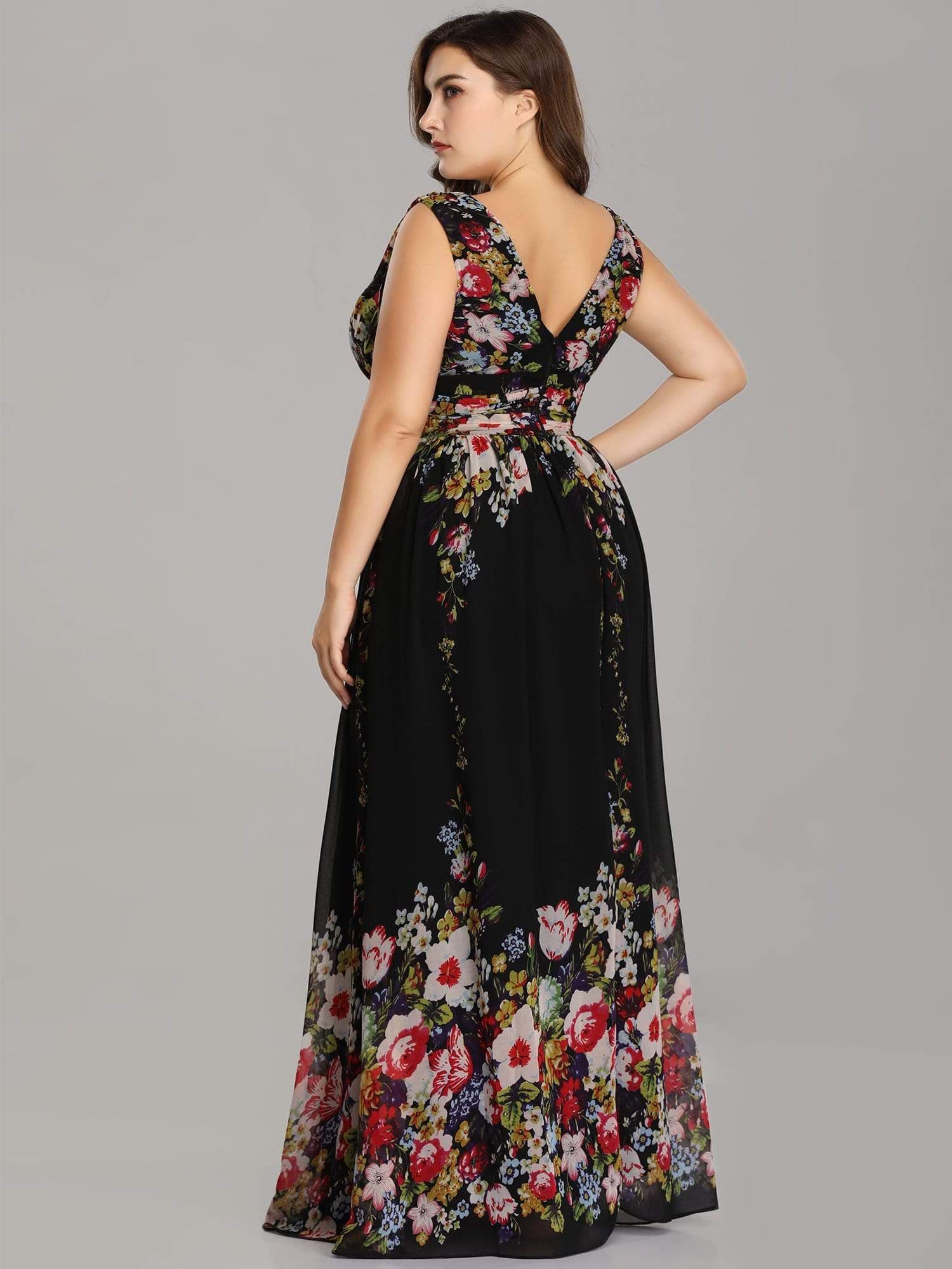 COLOR=Printed Black | Plus Size Sleeveless V-Neck Semi-Formal Chiffon Maxi Dress-Printed Black 4 COLOR=Printed Black | Plus Size Sleeveless V-Neck Semi-Formal Chiffon Maxi Dress-Printed Black 4