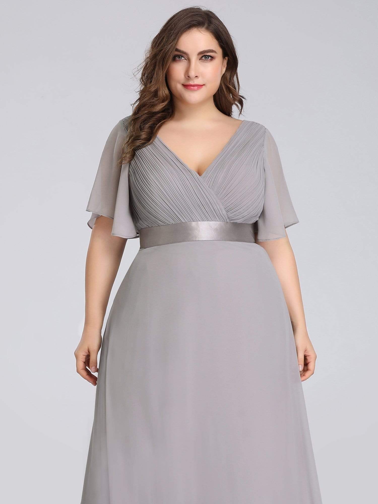 COLOR=Grey | Plus Size Long Empire Waist Evening Dress With Short Flutter Sleeves-Grey 5 COLOR=Grey | Plus Size Long Empire Waist Evening Dress With Short Flutter Sleeves-Grey 5
