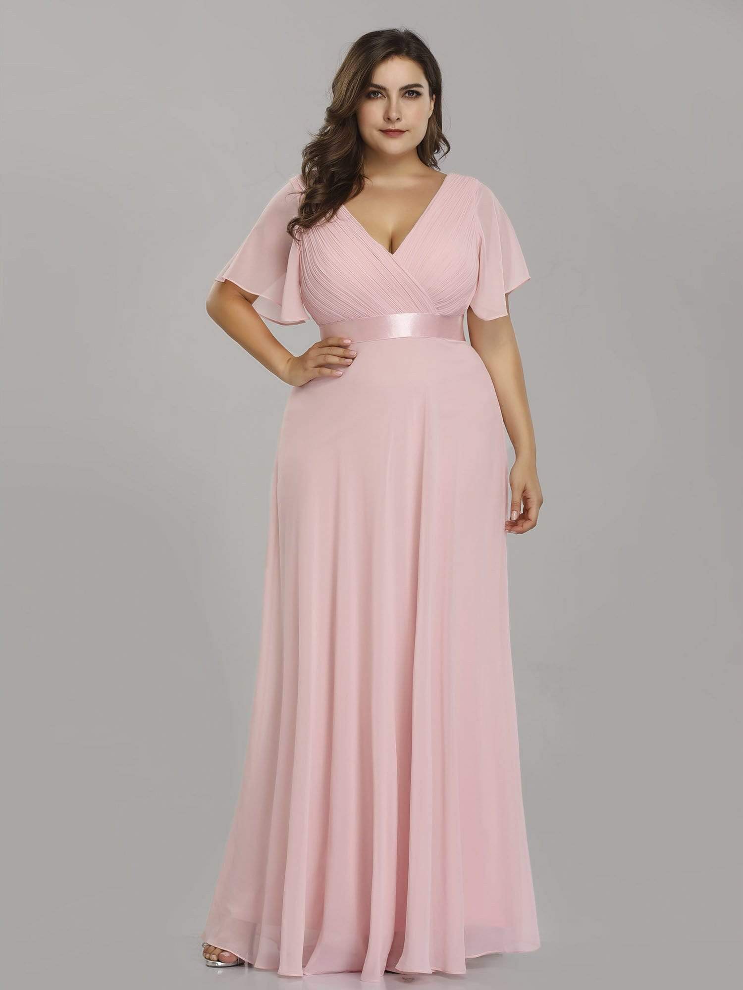 COLOR=Pink | Plus Size Long Empire Waist Evening Dress With Short Flutter Sleeves-Pink 1 COLOR=Pink | Plus Size Long Empire Waist Evening Dress With Short Flutter Sleeves-Pink 1