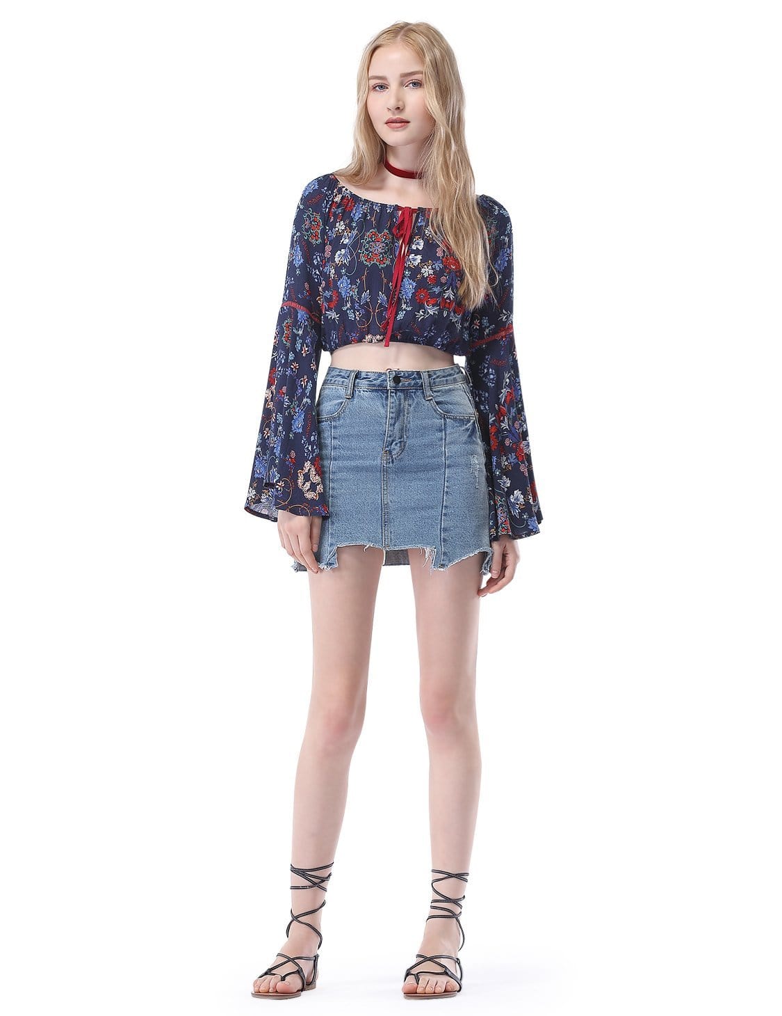 Color=Navy Blue | Women'S Simple Fashion Off-The-Shoulder Long Flared Sleeve Printed Top-Navy Blue 1 Color=Navy Blue | Women'S Simple Fashion Off-The-Shoulder Long Flared Sleeve Printed Top-Navy Blue 1