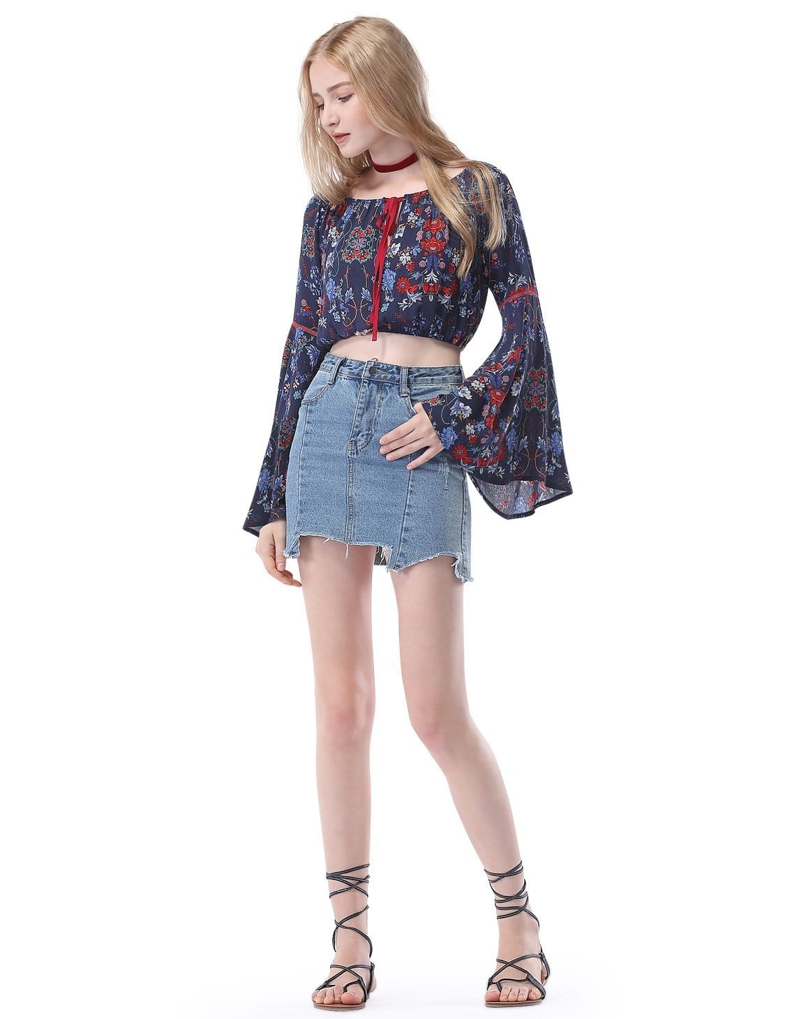 Color=Navy Blue | Women'S Simple Fashion Off-The-Shoulder Long Flared Sleeve Printed Top-Navy Blue 2 Color=Navy Blue | Women'S Simple Fashion Off-The-Shoulder Long Flared Sleeve Printed Top-Navy Blue 2