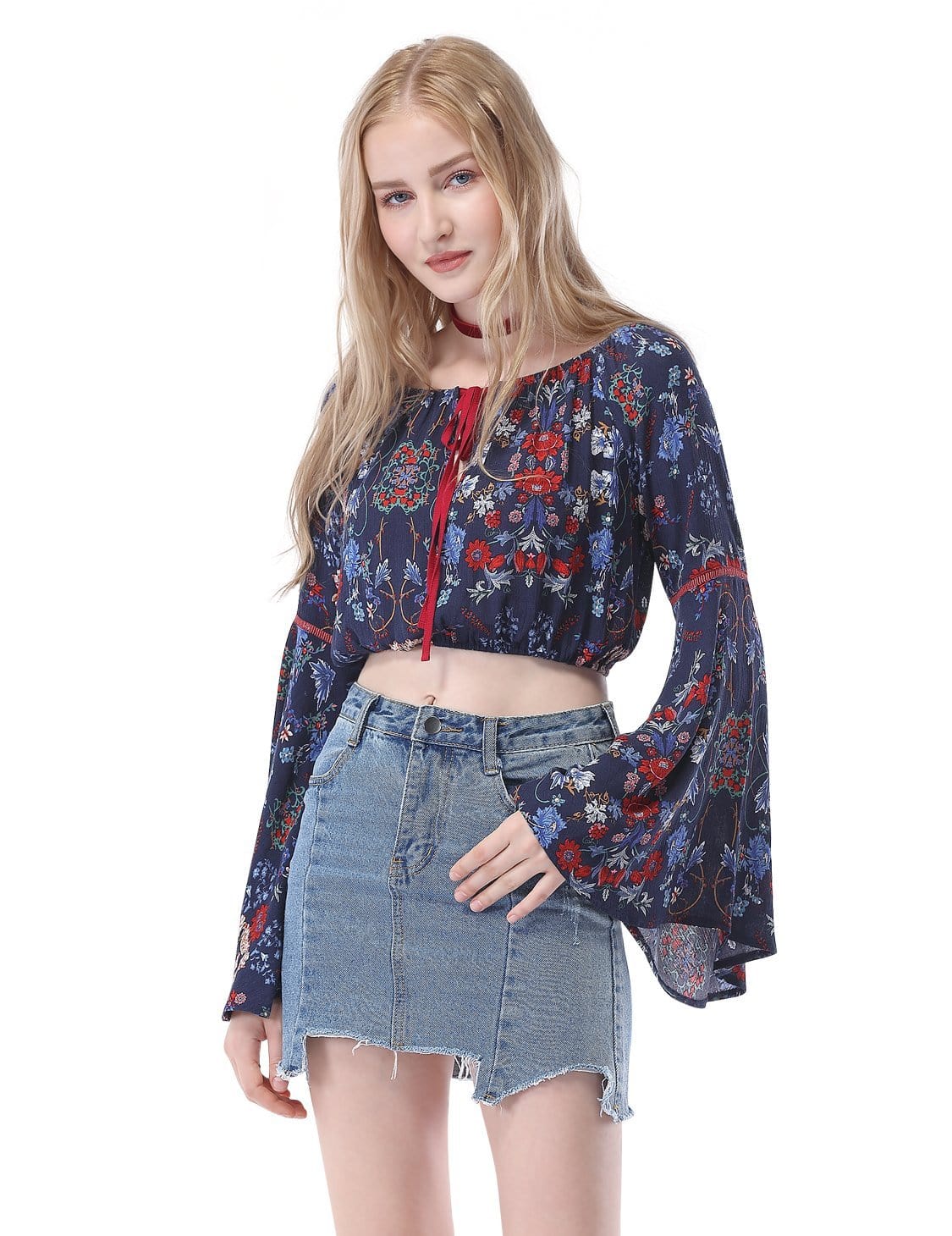 Color=Navy Blue | Women'S Simple Fashion Off-The-Shoulder Long Flared Sleeve Printed Top-Navy Blue 3 Color=Navy Blue | Women'S Simple Fashion Off-The-Shoulder Long Flared Sleeve Printed Top-Navy Blue 3
