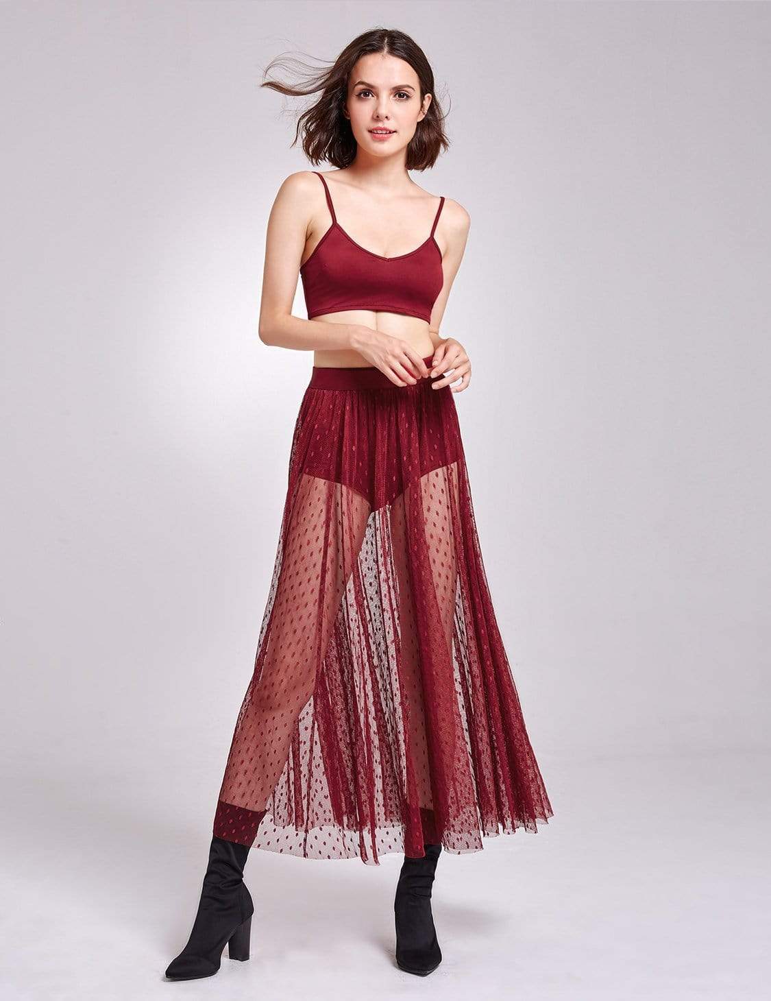 Color=Burgundy | Alisa Pan Sheer Polka Dot Maxi Skirt-Burgundy 4 Color=Burgundy | Alisa Pan Sheer Polka Dot Maxi Skirt-Burgundy 4