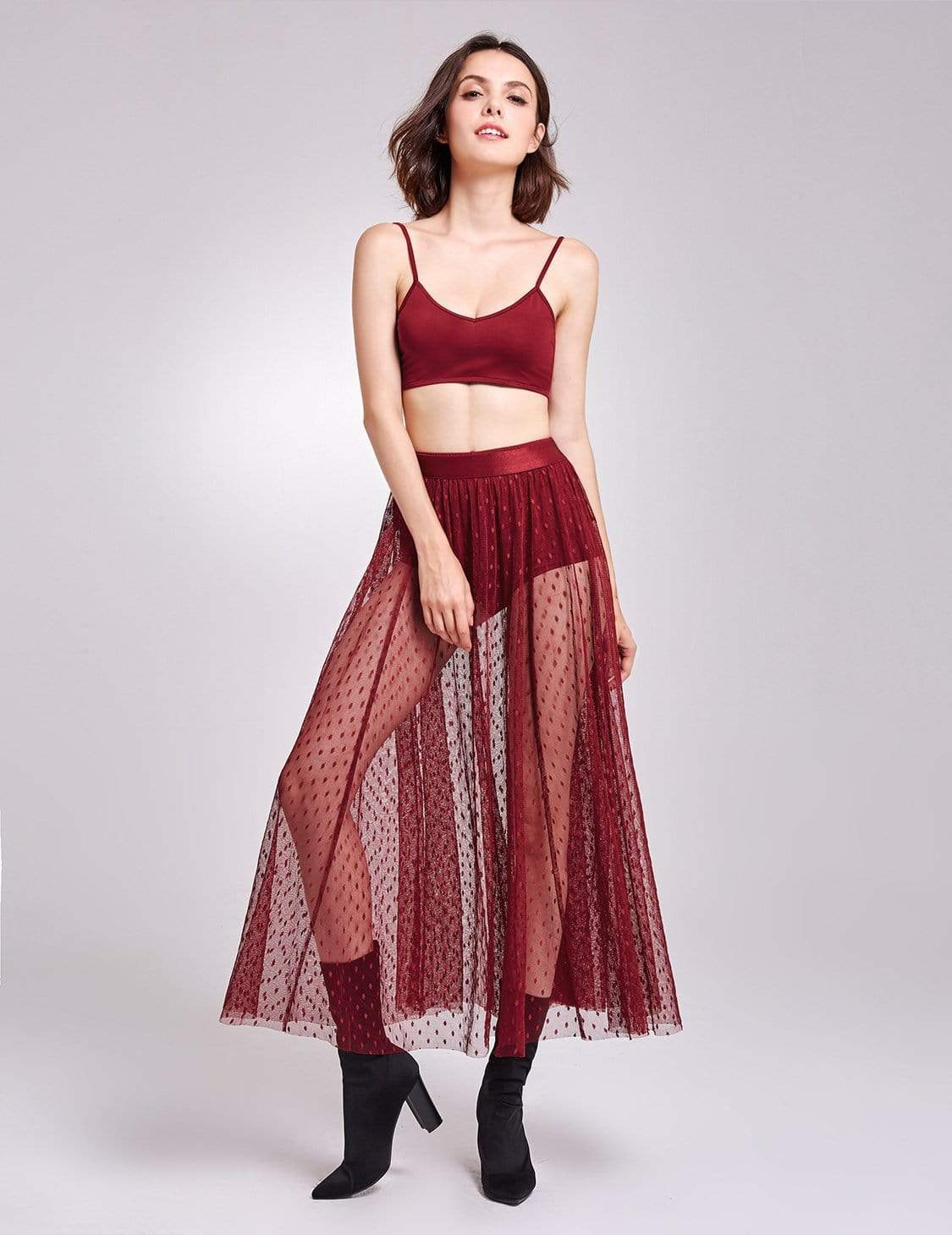 Color=Burgundy | Alisa Pan Sheer Polka Dot Maxi Skirt-Burgundy 5 Color=Burgundy | Alisa Pan Sheer Polka Dot Maxi Skirt-Burgundy 5