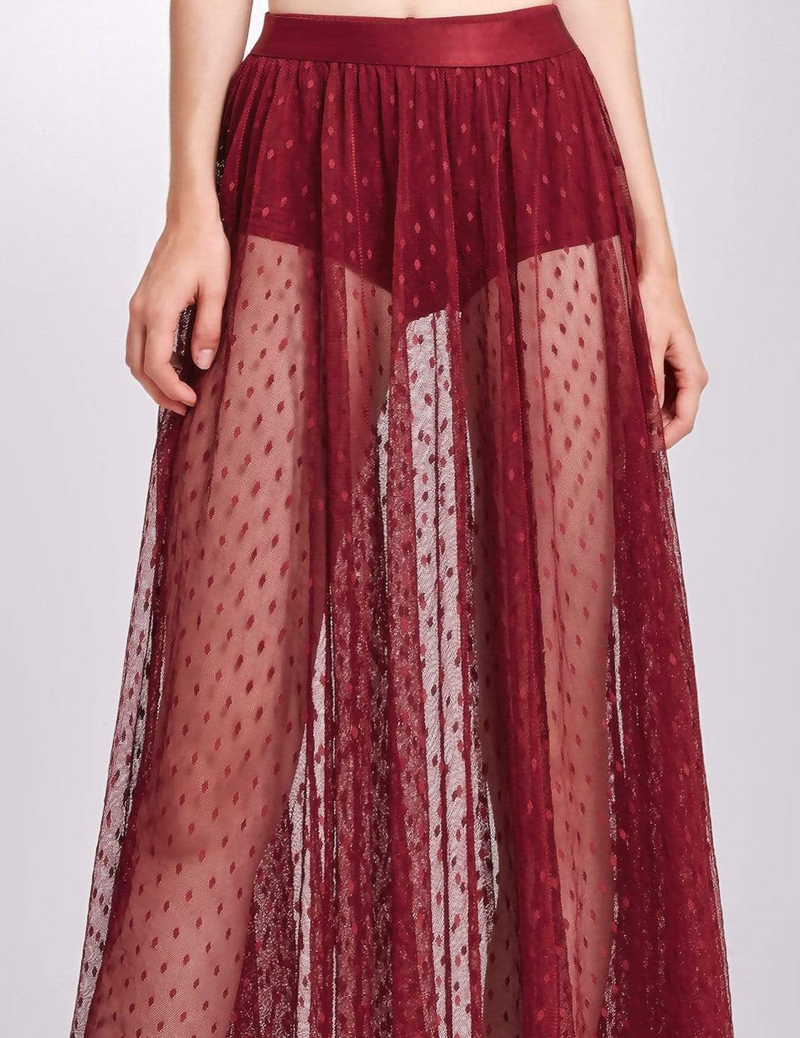 Color=Burgundy | Alisa Pan Sheer Polka Dot Maxi Skirt-Burgundy 6 Color=Burgundy | Alisa Pan Sheer Polka Dot Maxi Skirt-Burgundy 6