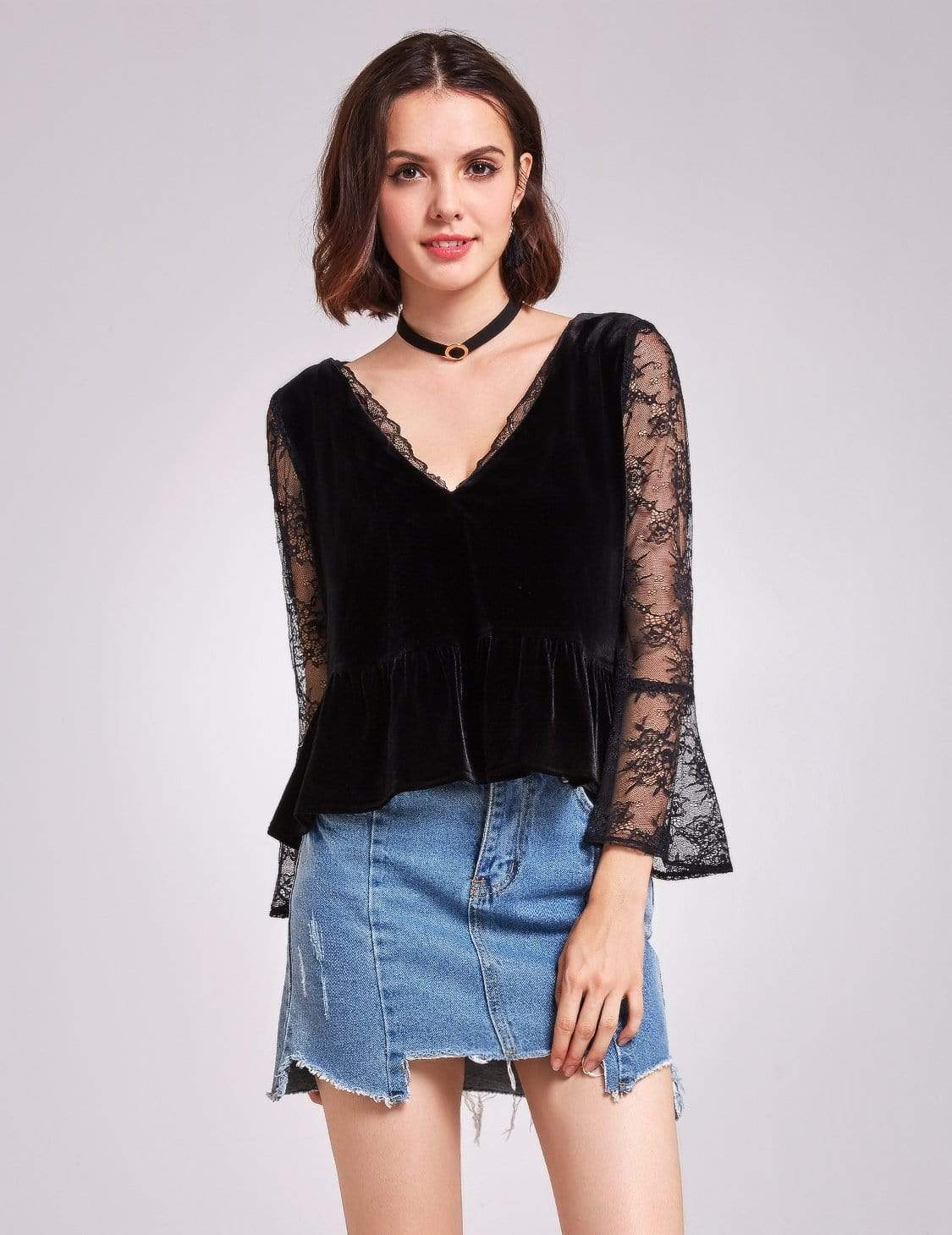 Color=Black | Long Sleeve Lace And Velvet Top-Black 2 Color=Black | Long Sleeve Lace And Velvet Top-Black 2