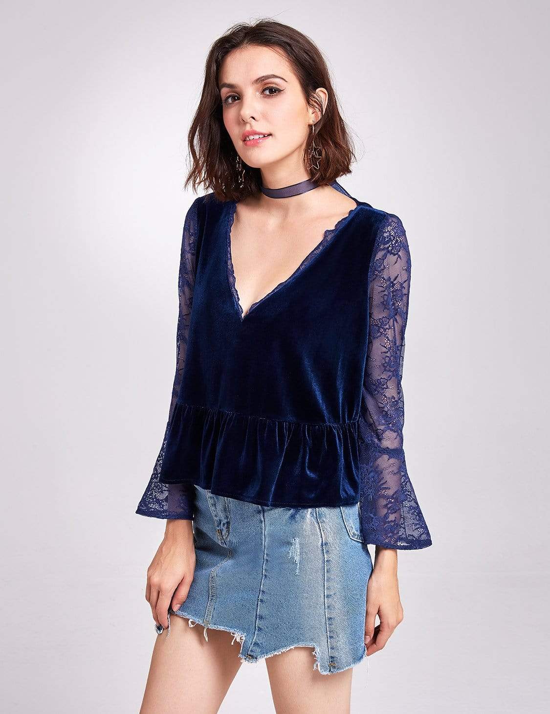 Color=Midnight Blue | Long Sleeve Lace And Velvet Top-Midnight Blue 5 Color=Midnight Blue | Long Sleeve Lace And Velvet Top-Midnight Blue 5