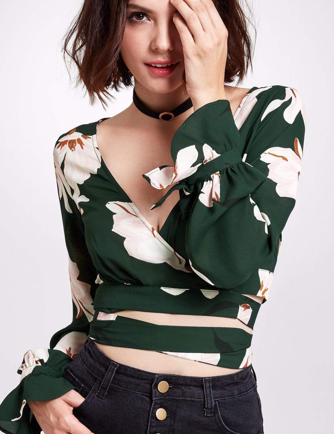 Color=Green | Long Sleeve Floral Print Wrap Blouse-Green 6 Color=Green | Long Sleeve Floral Print Wrap Blouse-Green 6