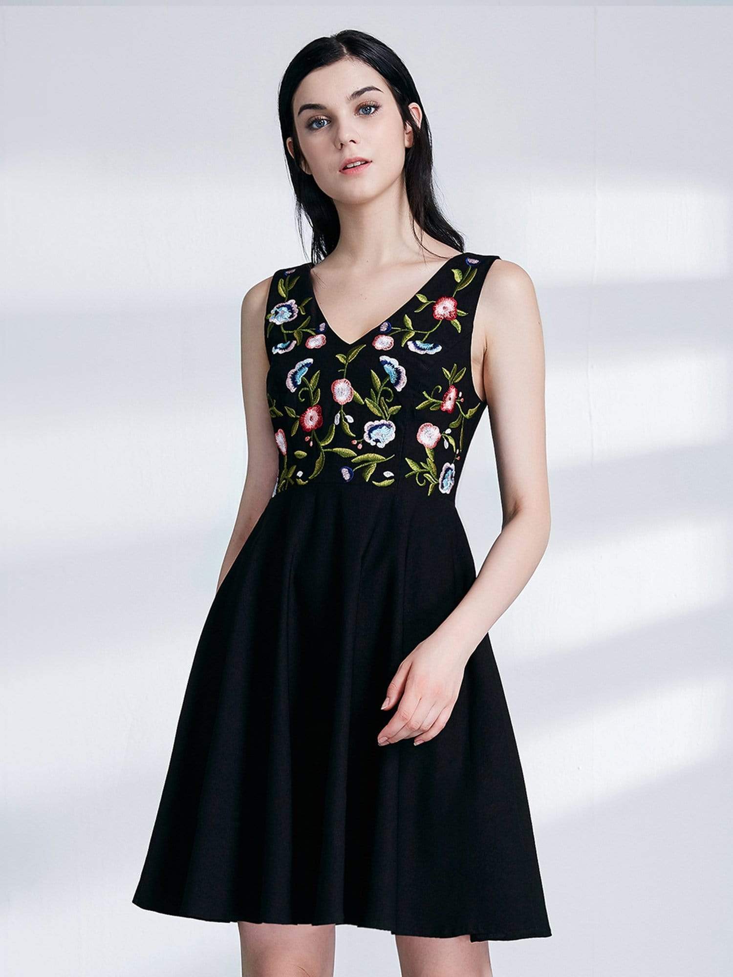 Color=Black | Alisa Pan Embroidered V Neck Little Black Dress-Black 1 Color=Black | Alisa Pan Embroidered V Neck Little Black Dress-Black 1