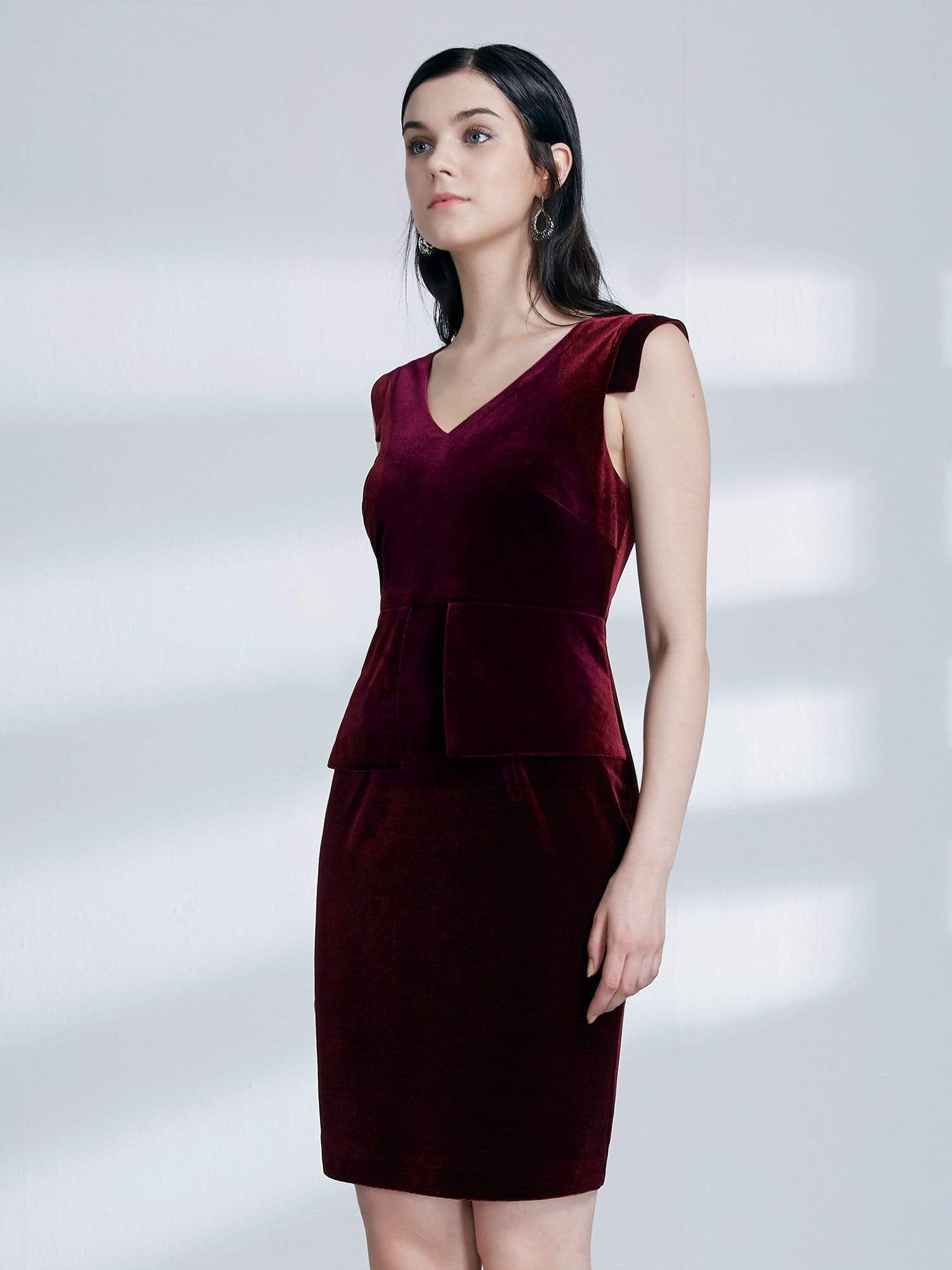 Color=Burgundy | Alisa Pan Short Velvet Cocktail Dress With Peplum-Burgundy 3 Color=Burgundy | Alisa Pan Short Velvet Cocktail Dress With Peplum-Burgundy 3