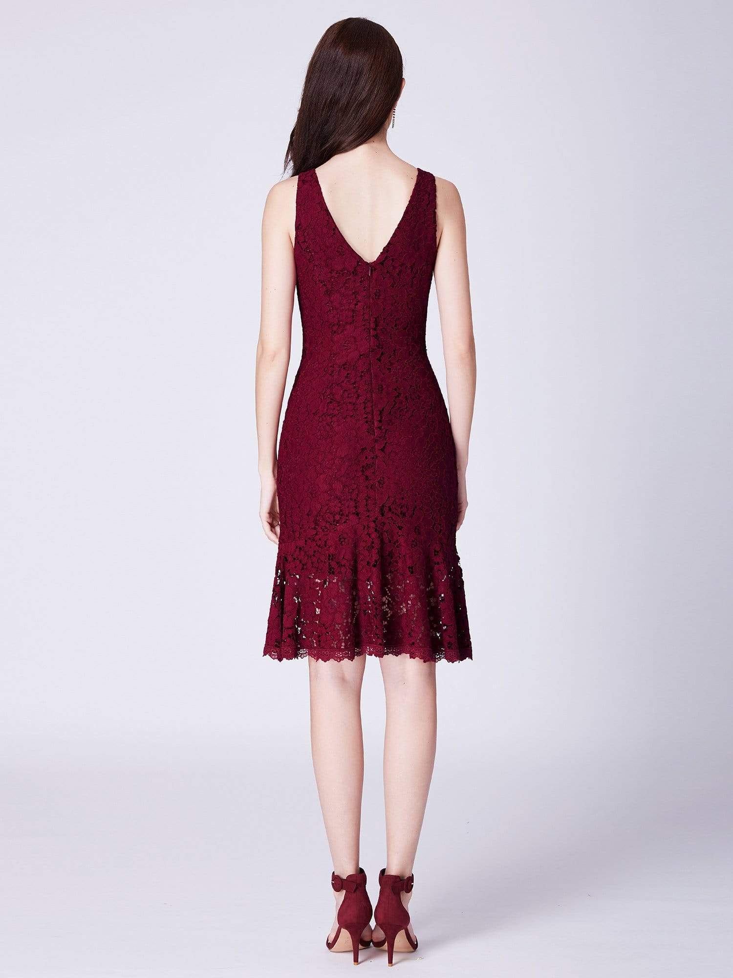 Color=Burgundy | V Neck Short Lace Party Dress-Burgundy 4 Color=Burgundy | V Neck Short Lace Party Dress-Burgundy 4