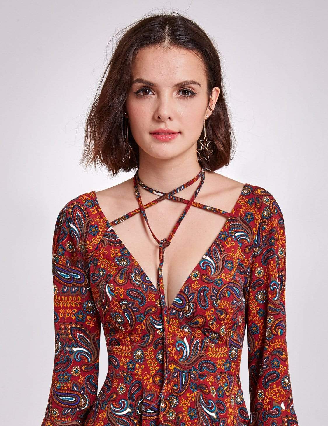 Color=Burgundy | Alisa Pan V Neck Paisley Print Boho Dress-Burgundy 6 Color=Burgundy | Alisa Pan V Neck Paisley Print Boho Dress-Burgundy 6