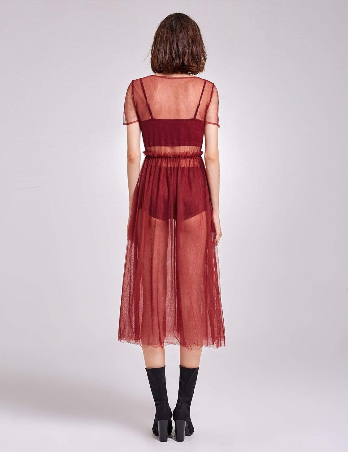 Color=Burgundy | Alisa Pan Short Sleeve Sheer Layer Dress-Burgundy 2 Color=Burgundy | Alisa Pan Short Sleeve Sheer Layer Dress-Burgundy 2