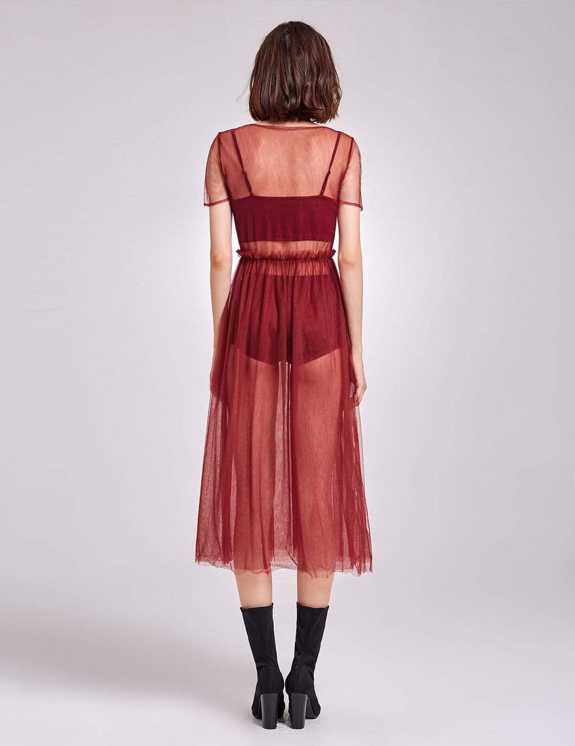 Color=Burgundy | Alisa Pan Short Sleeve Sheer Layer Dress-Burgundy 2