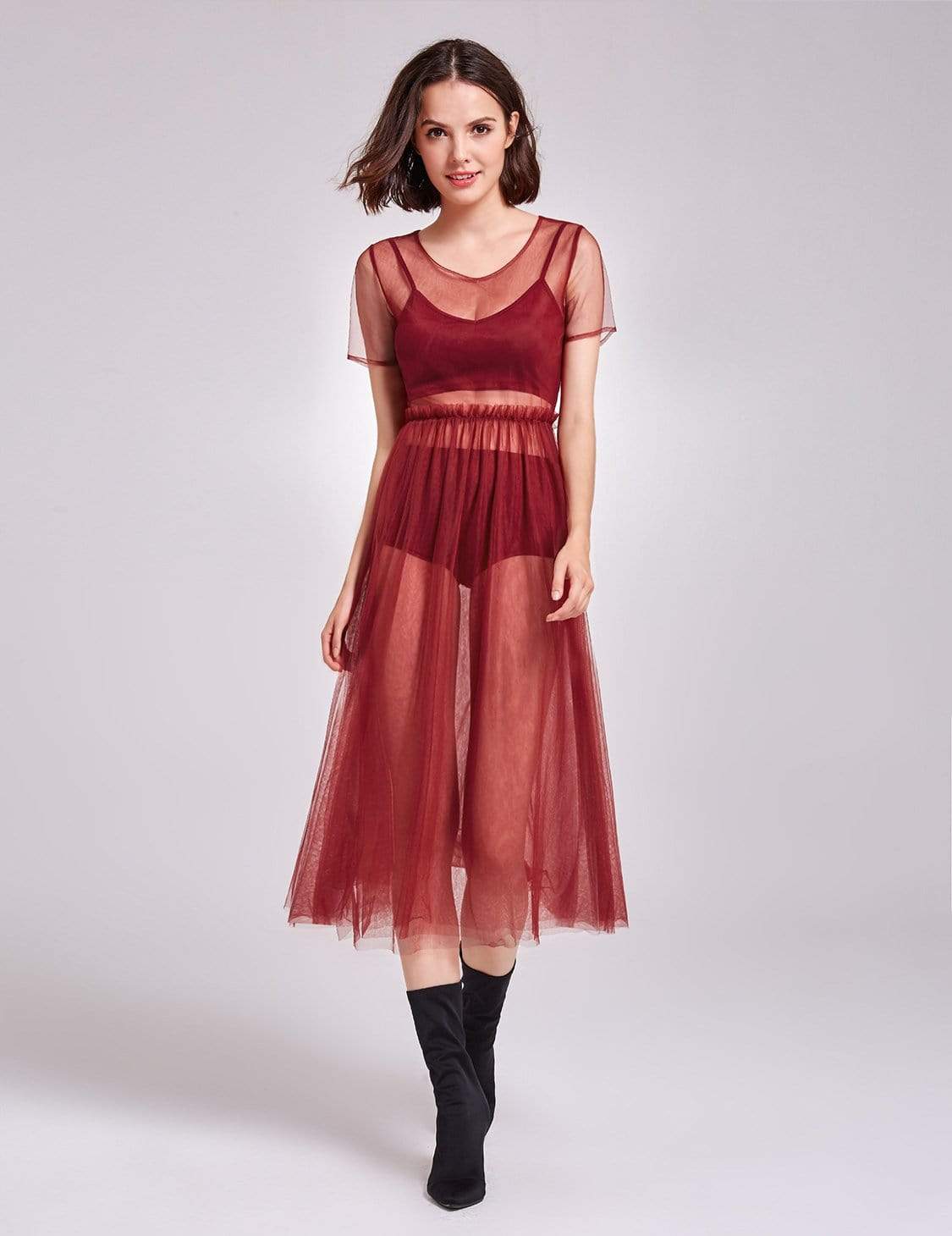 Color=Burgundy | Alisa Pan Short Sleeve Sheer Layer Dress-Burgundy 4 Color=Burgundy | Alisa Pan Short Sleeve Sheer Layer Dress-Burgundy 4