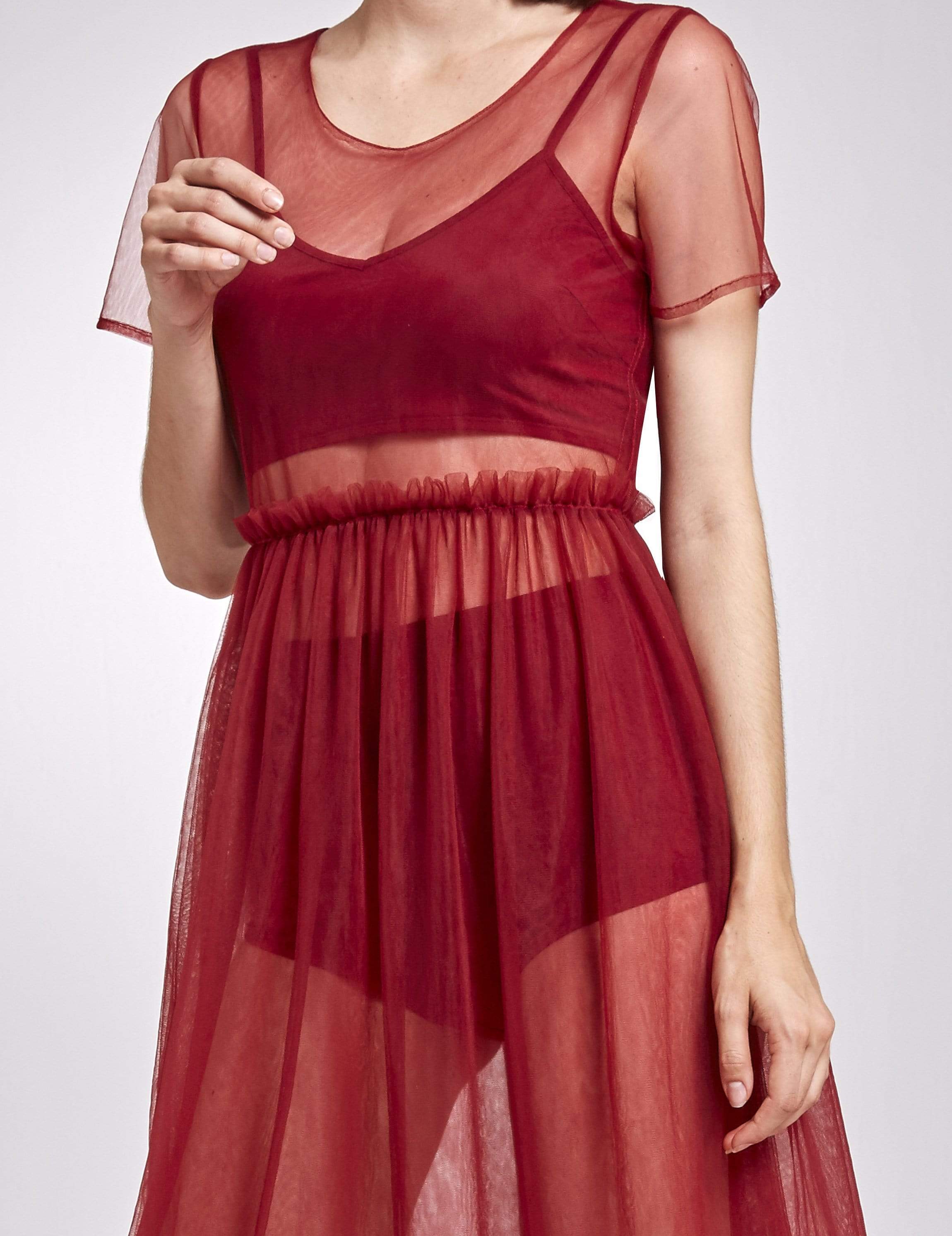 Color=Burgundy | Alisa Pan Short Sleeve Sheer Layer Dress-Burgundy 5 Color=Burgundy | Alisa Pan Short Sleeve Sheer Layer Dress-Burgundy 5