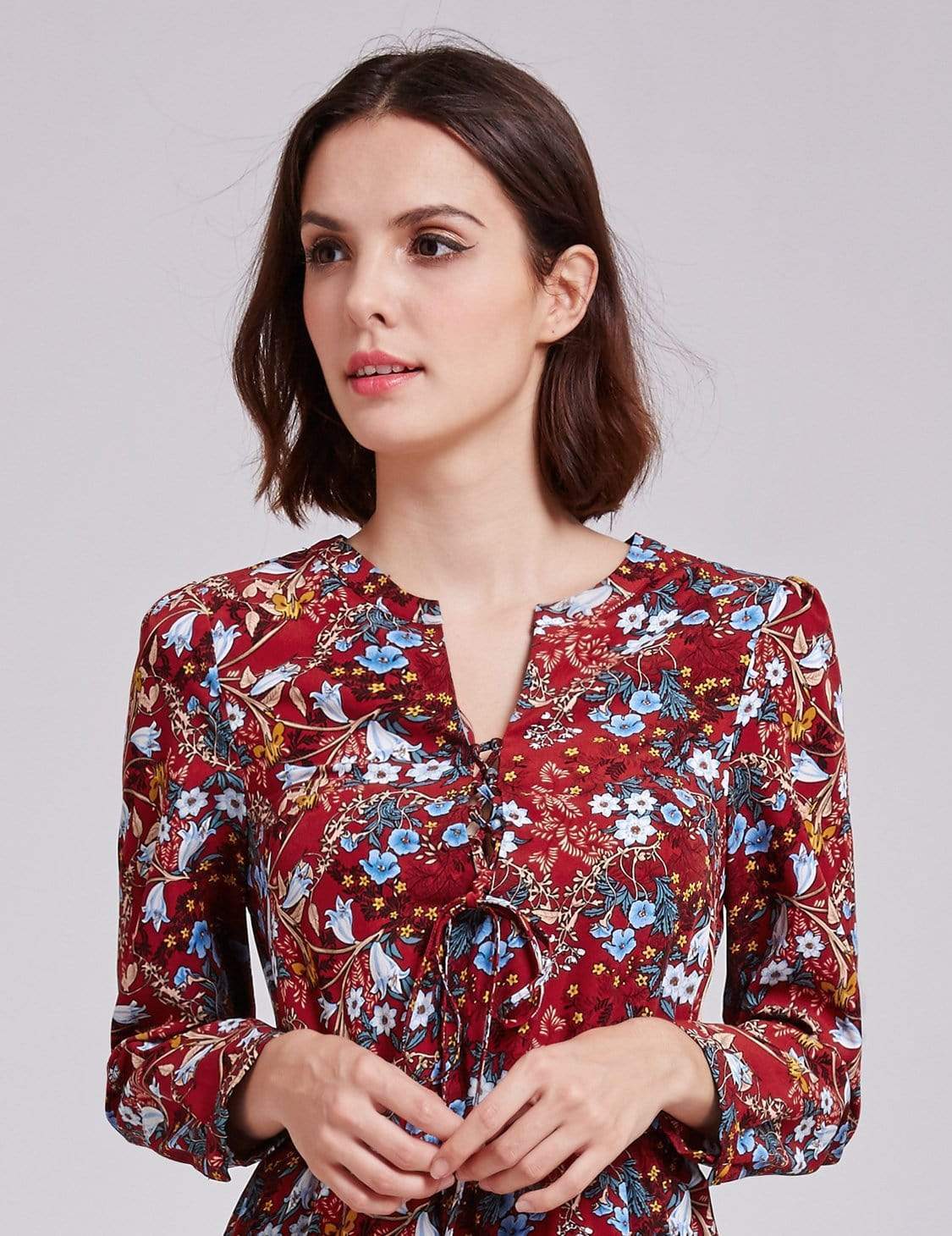 Color=Burgundy | Alisa Pan Floral Print Boho Peasant Dress-Burgundy 6 Color=Burgundy | Alisa Pan Floral Print Boho Peasant Dress-Burgundy 6