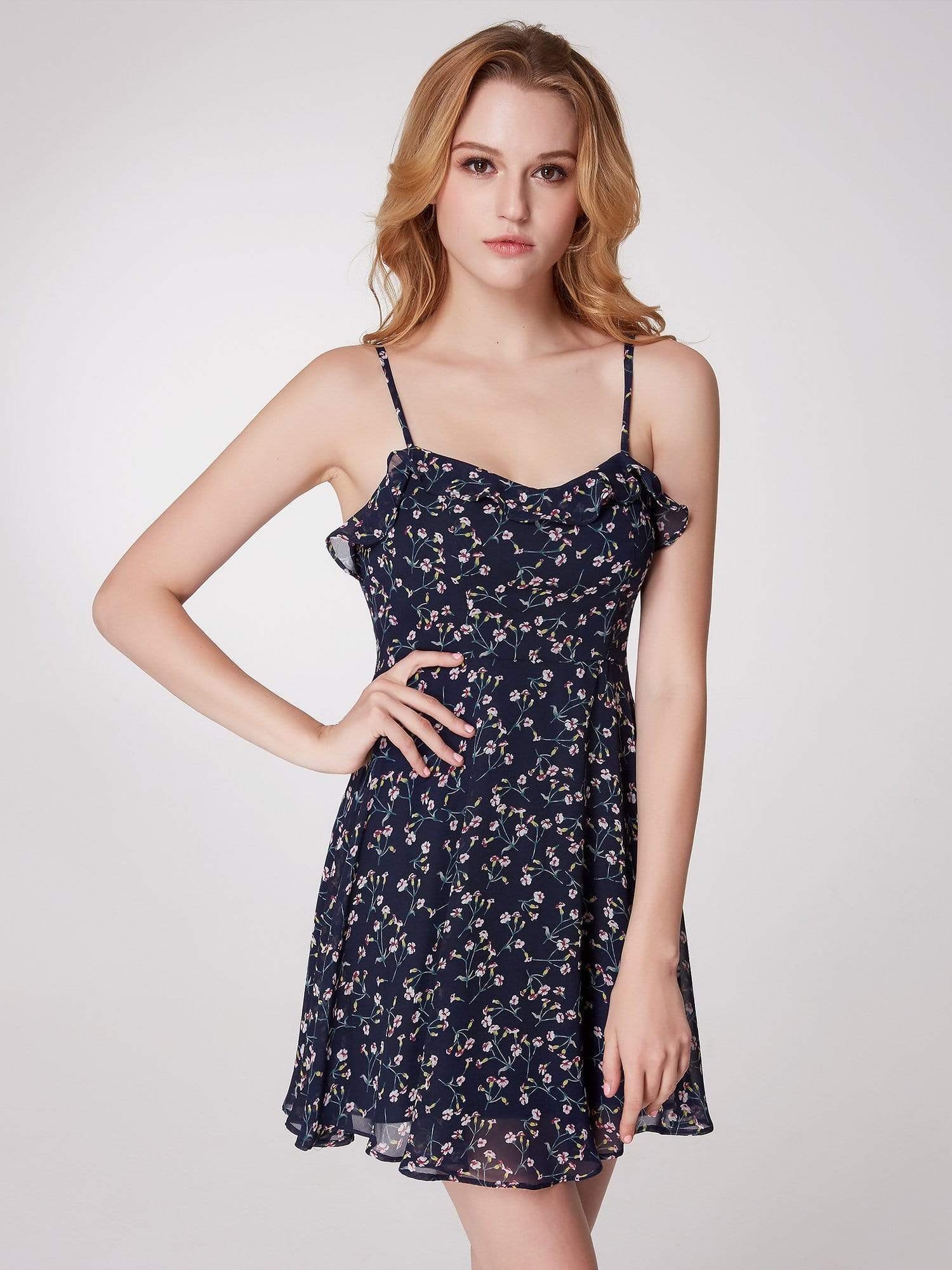 Color=Navy Blue | Alisa Pan Spaghetti Straps Floral Print Fit & Flare Dress-Navy Blue 4 Color=Navy Blue | Alisa Pan Spaghetti Straps Floral Print Fit & Flare Dress-Navy Blue 4