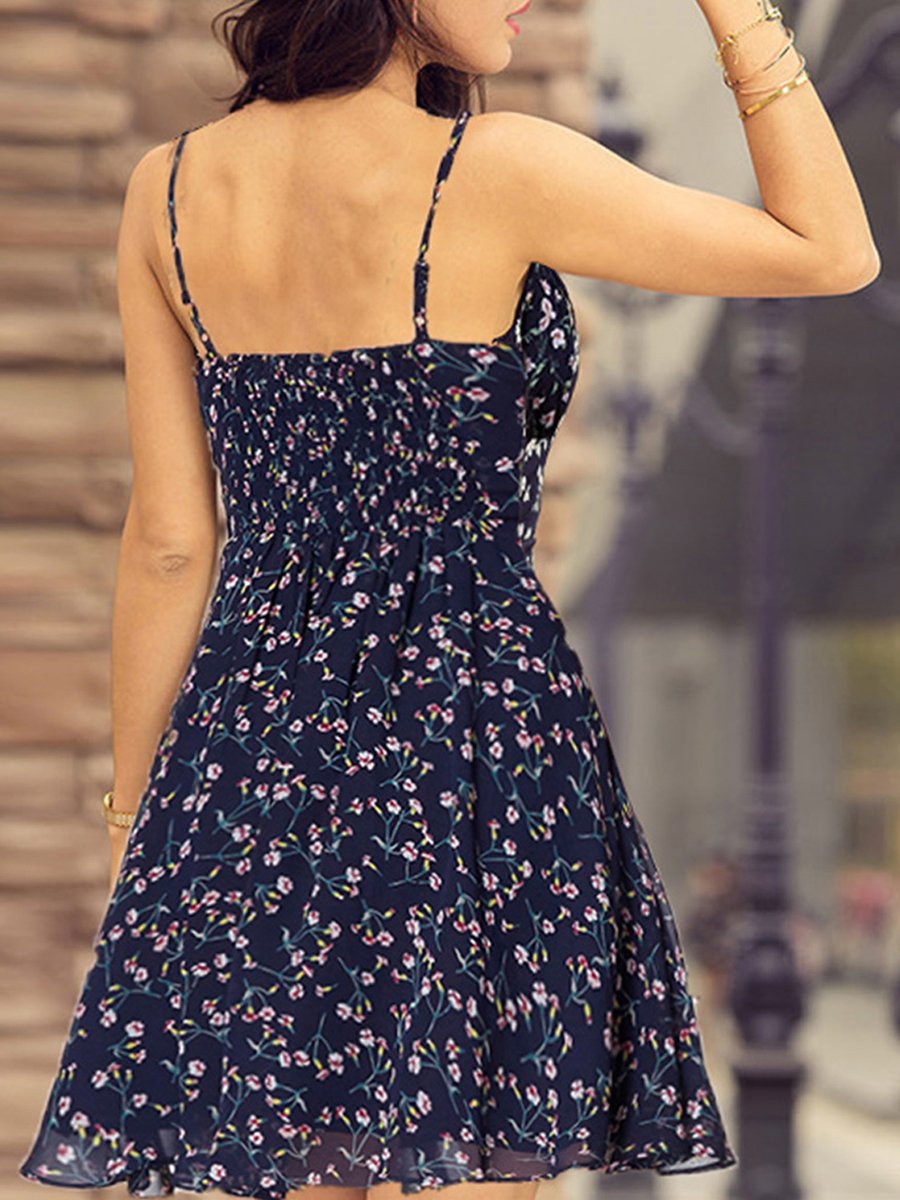 Color=Navy Blue | Alisa Pan Spaghetti Straps Floral Print Fit & Flare Dress-Navy Blue 7 Color=Navy Blue | Alisa Pan Spaghetti Straps Floral Print Fit & Flare Dress-Navy Blue 7