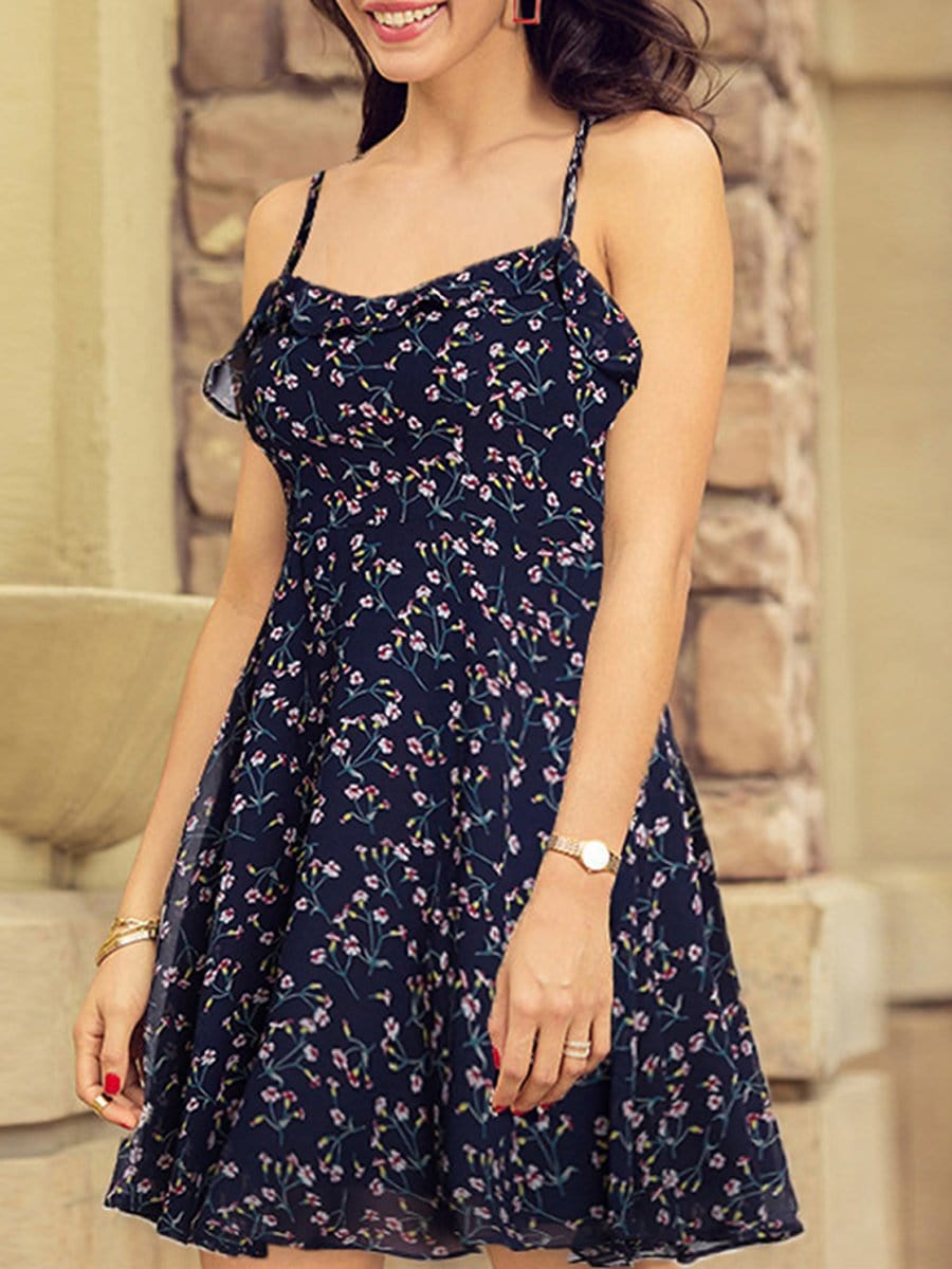 Color=Navy Blue | Alisa Pan Spaghetti Straps Floral Print Fit & Flare Dress-Navy Blue 6 Color=Navy Blue | Alisa Pan Spaghetti Straps Floral Print Fit & Flare Dress-Navy Blue 6