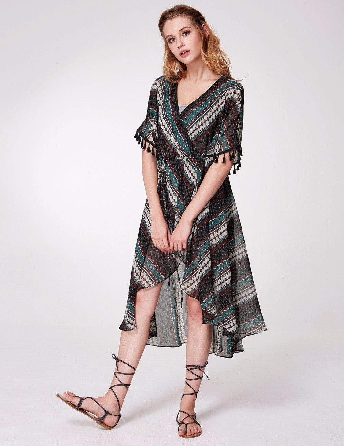 Color=Navy Blue | Alisa Pan Printed Bohemian Wrap Dress-Navy Blue 3 Color=Navy Blue | Alisa Pan Printed Bohemian Wrap Dress-Navy Blue 3