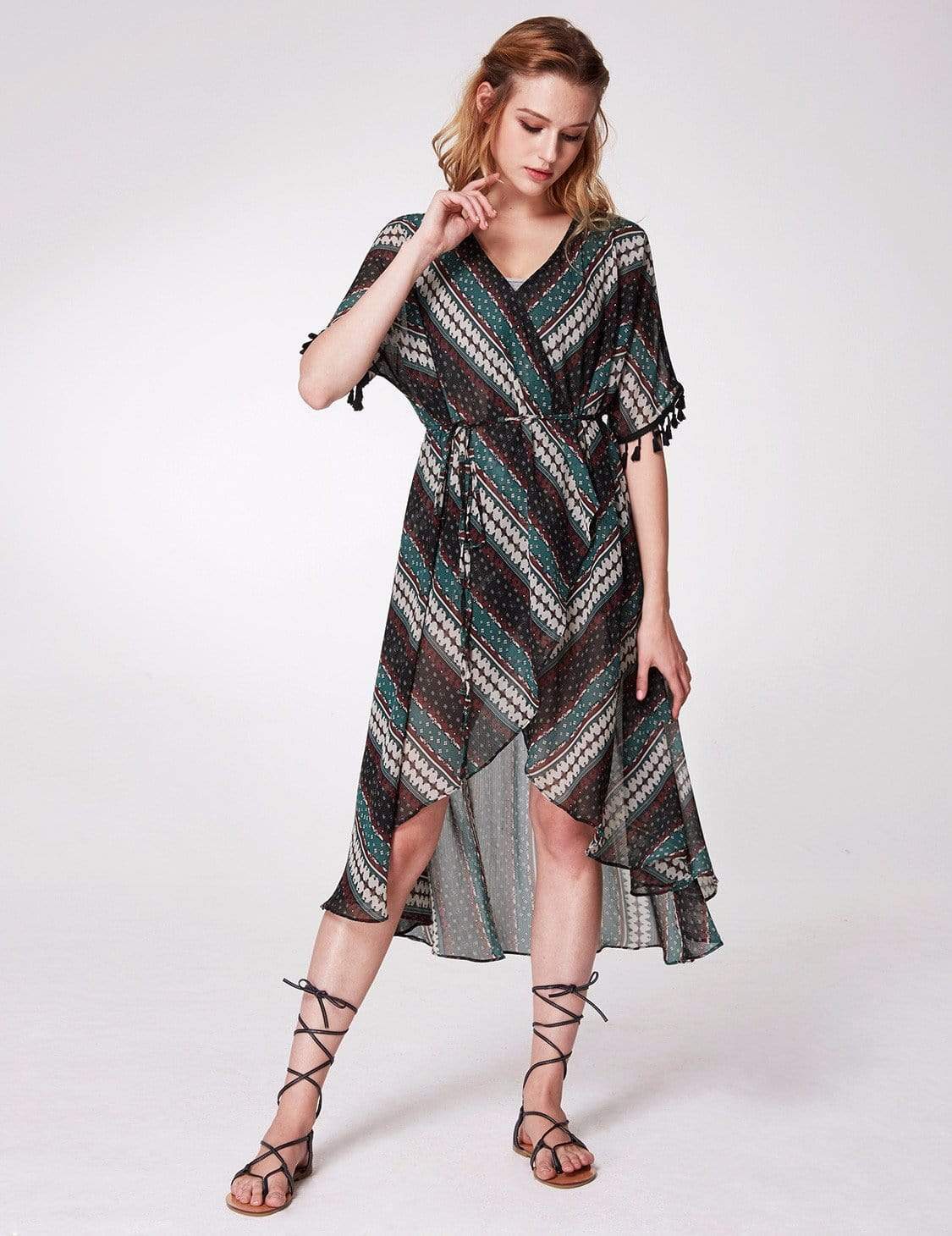 Color=Navy Blue | Alisa Pan Printed Bohemian Wrap Dress-Navy Blue 4 Color=Navy Blue | Alisa Pan Printed Bohemian Wrap Dress-Navy Blue 4