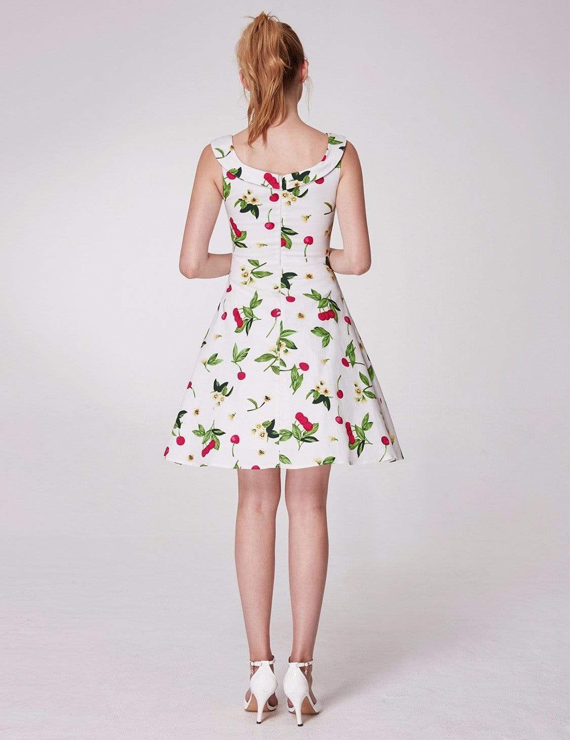 Color=White | Alisa Pan Short Cherry Print Fit And Flare Dress-White 2 Color=White | Alisa Pan Short Cherry Print Fit And Flare Dress-White 2