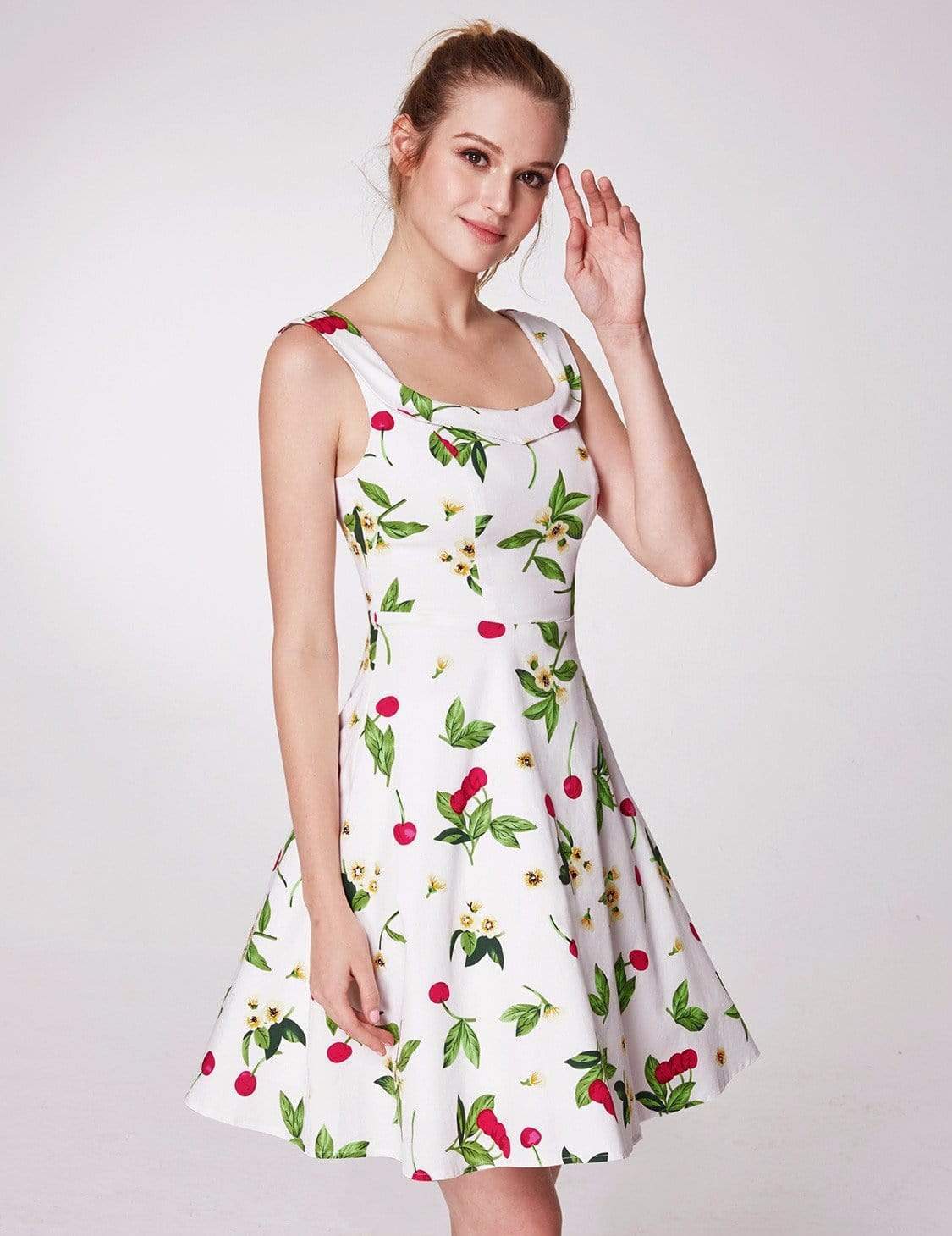 Color=White | Alisa Pan Short Cherry Print Fit And Flare Dress-White 3 Color=White | Alisa Pan Short Cherry Print Fit And Flare Dress-White 3