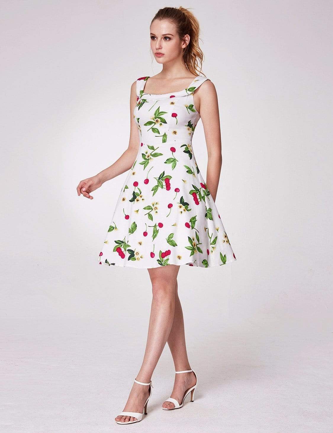 Color=White | Alisa Pan Short Cherry Print Fit And Flare Dress-White 4 Color=White | Alisa Pan Short Cherry Print Fit And Flare Dress-White 4