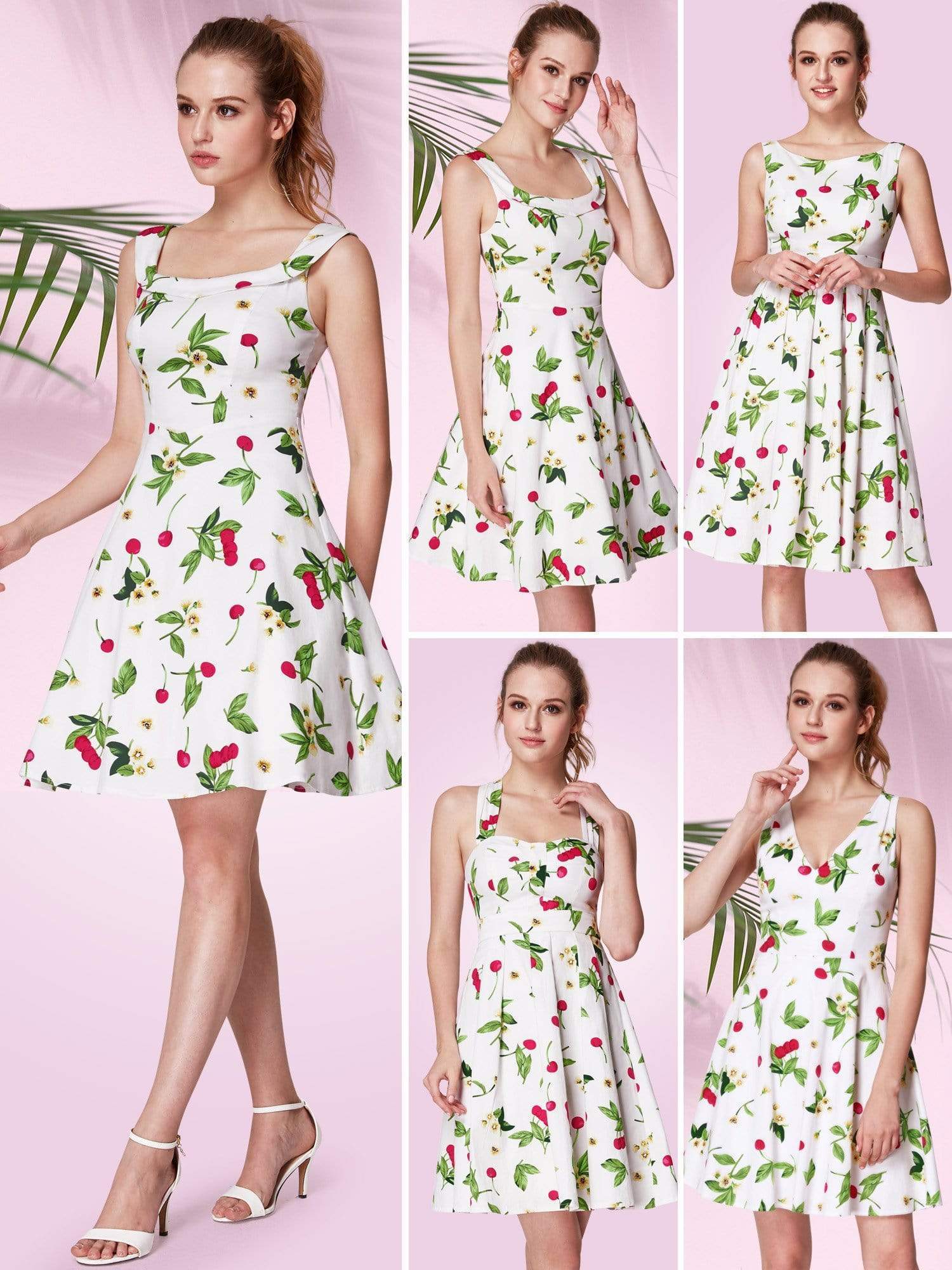 Color=White | Alisa Pan Short Cherry Print Fit And Flare Dress-White 6 Color=White | Alisa Pan Short Cherry Print Fit And Flare Dress-White 6