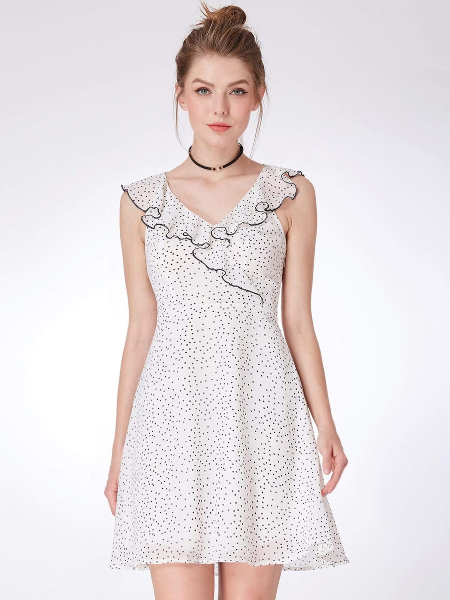 Color=White Black | Alisa Pan V Neck Polka Dot Party Dress-White Black 1 Color=White Black | Alisa Pan V Neck Polka Dot Party Dress-White Black 1