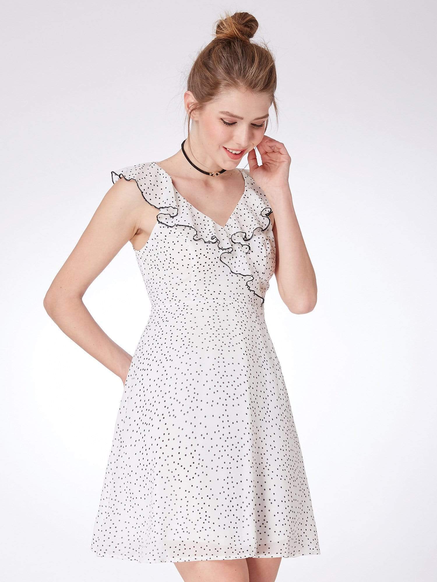 Color=White Black | Alisa Pan V Neck Polka Dot Party Dress-White Black 4 Color=White Black | Alisa Pan V Neck Polka Dot Party Dress-White Black 4
