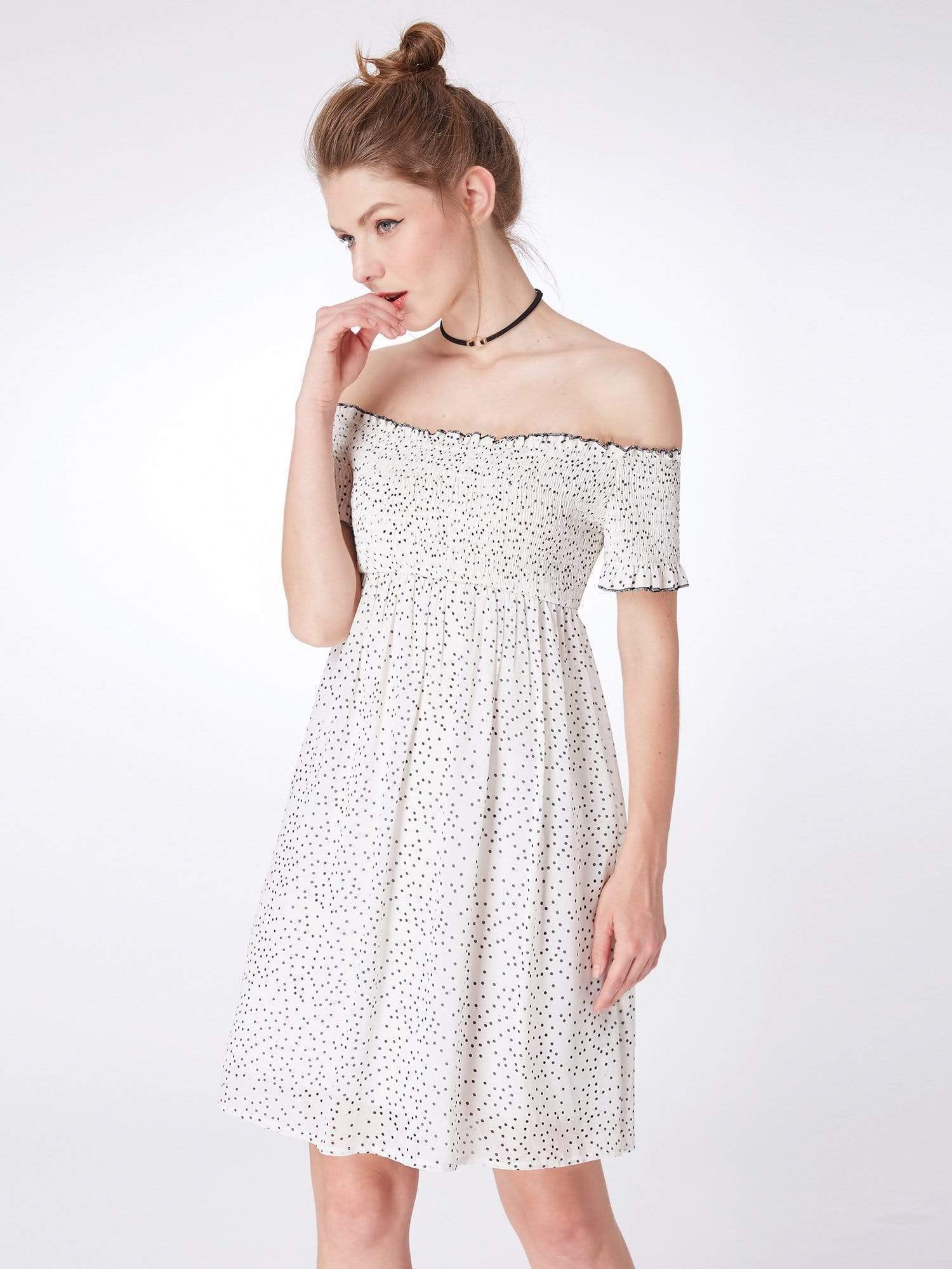 Color=White Black | Alisa Pan Off Shoulder Polka Dot Shift Dress-White Black 3 Color=White Black | Alisa Pan Off Shoulder Polka Dot Shift Dress-White Black 3
