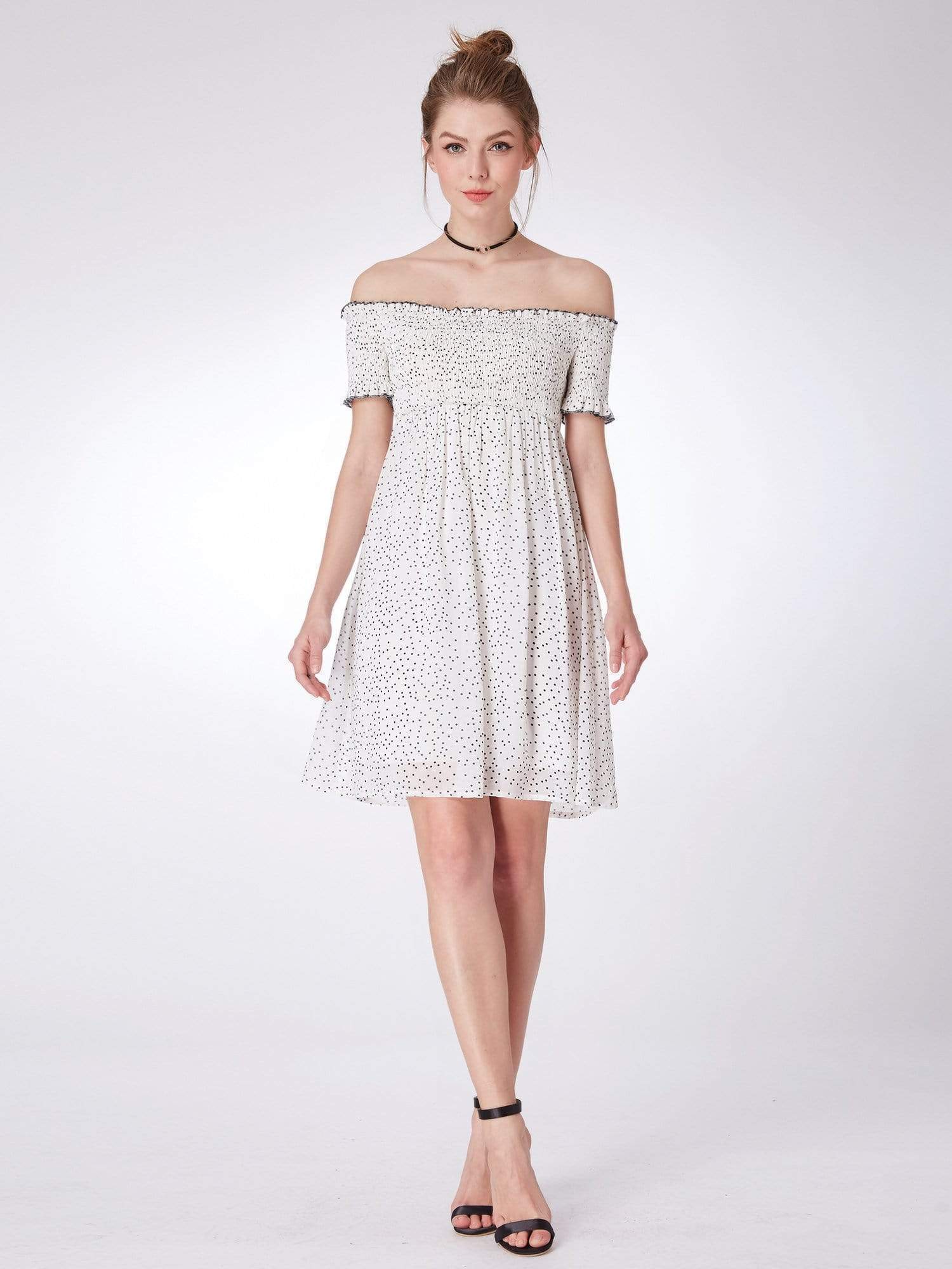 Color=White Black | Alisa Pan Off Shoulder Polka Dot Shift Dress-White Black 1 Color=White Black | Alisa Pan Off Shoulder Polka Dot Shift Dress-White Black 1