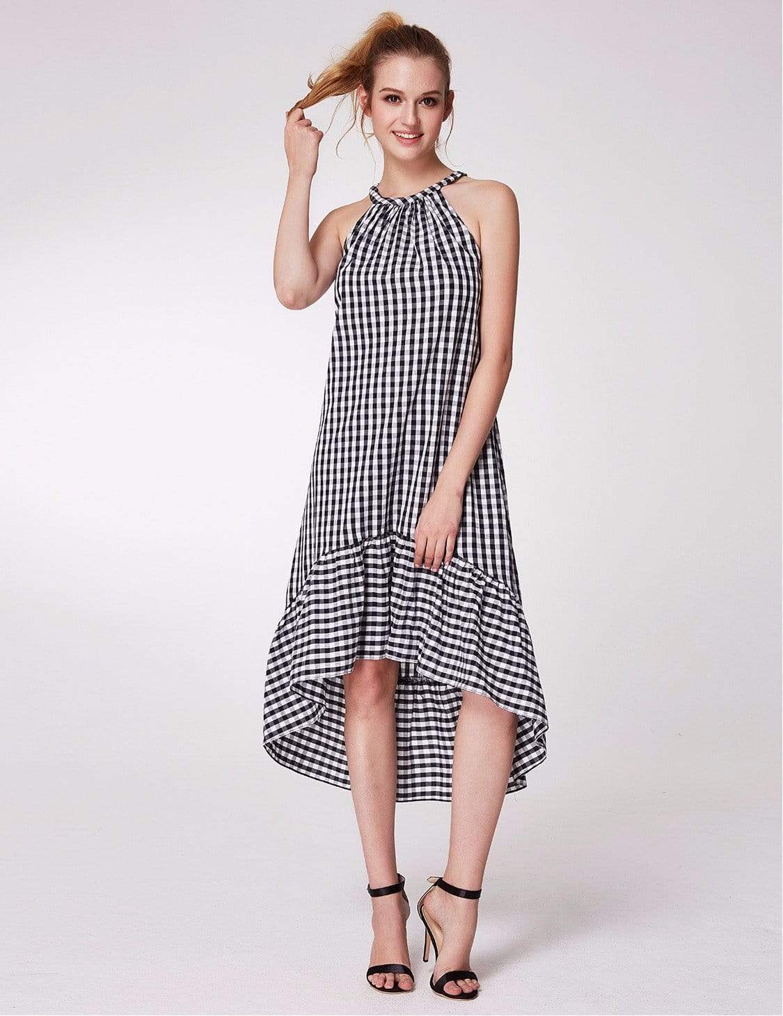 Color=White Black | Alisa Pan Sleeveless Gingham Halter Dress-White Black 1 Color=White Black | Alisa Pan Sleeveless Gingham Halter Dress-White Black 1