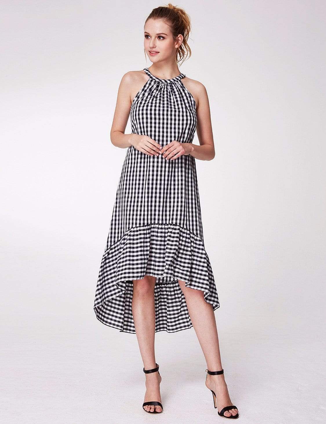 Color=White Black | Alisa Pan Sleeveless Gingham Halter Dress-White Black 4 Color=White Black | Alisa Pan Sleeveless Gingham Halter Dress-White Black 4