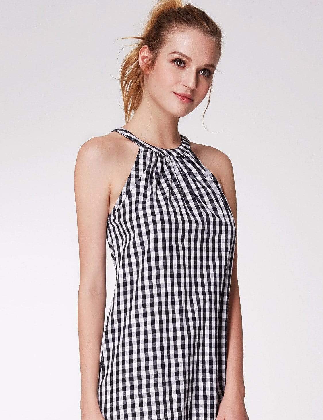 Color=White Black | Alisa Pan Sleeveless Gingham Halter Dress-White Black 5 Color=White Black | Alisa Pan Sleeveless Gingham Halter Dress-White Black 5