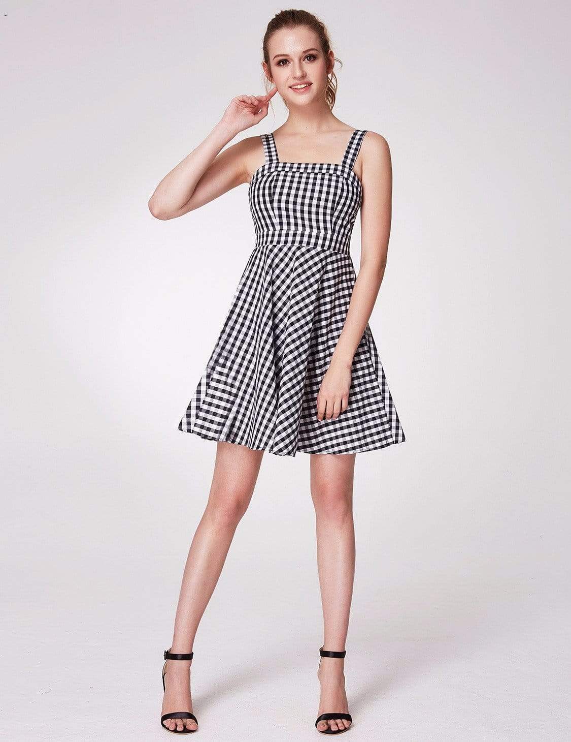 Color=White Black | Alisa Pan Short Fit And Flare Gingham Dress-White Black 5 Color=White Black | Alisa Pan Short Fit And Flare Gingham Dress-White Black 5