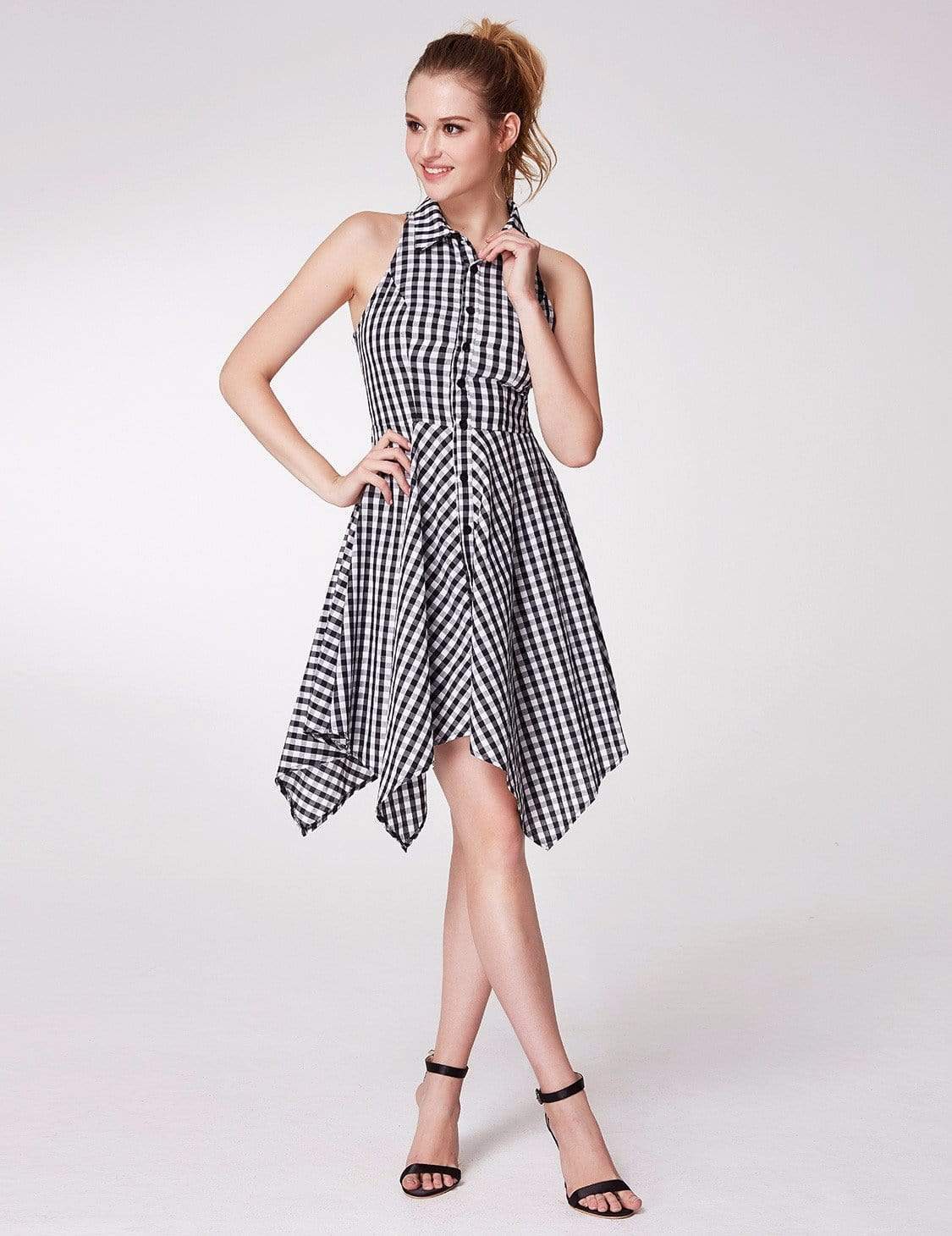 Color=White Black | Alisa Pan Button Up Fit And Flare Gingham Dress-White Black 1 Color=White Black | Alisa Pan Button Up Fit And Flare Gingham Dress-White Black 1