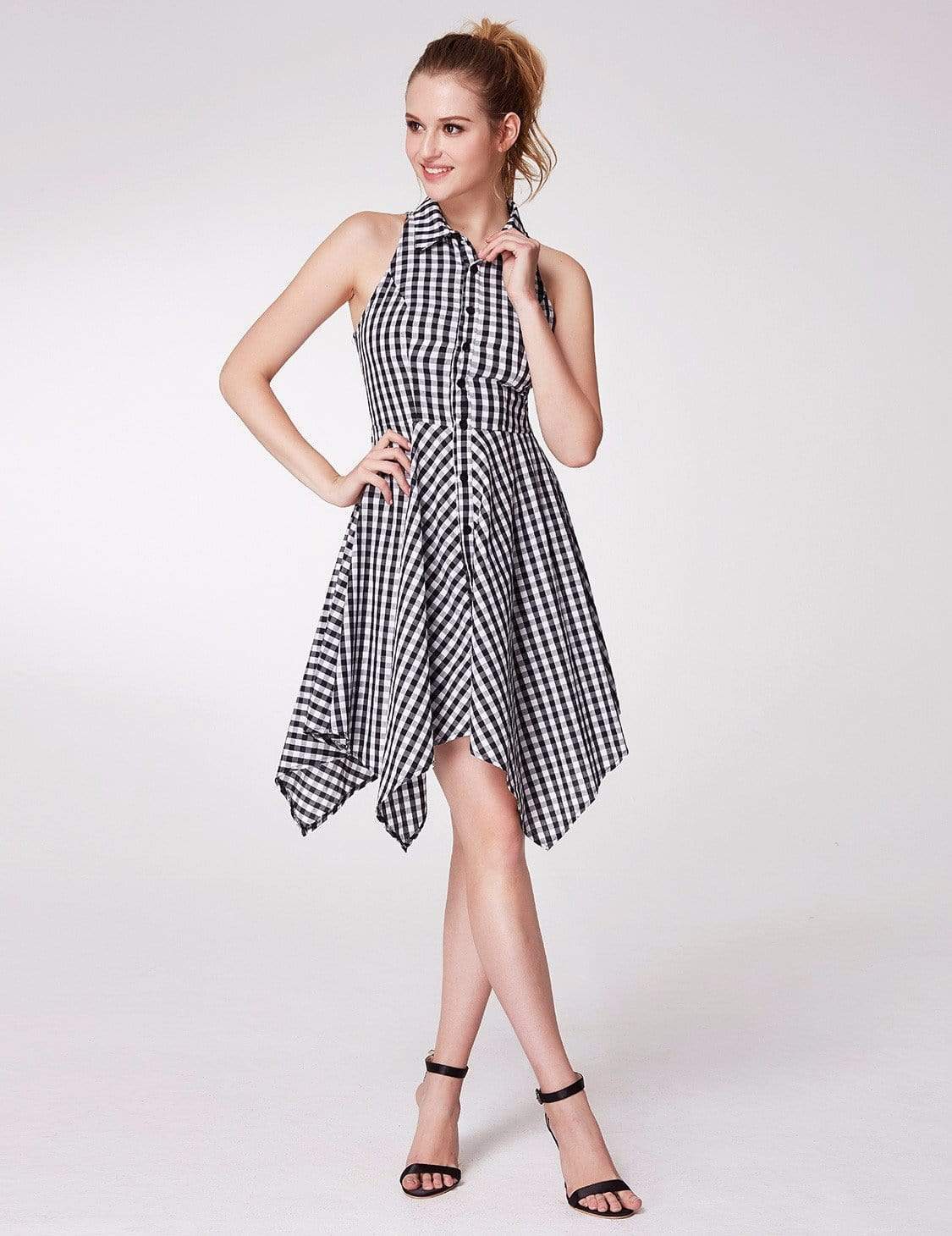 Color=White Black | Alisa Pan Button Up Fit And Flare Gingham Dress-White Black 2