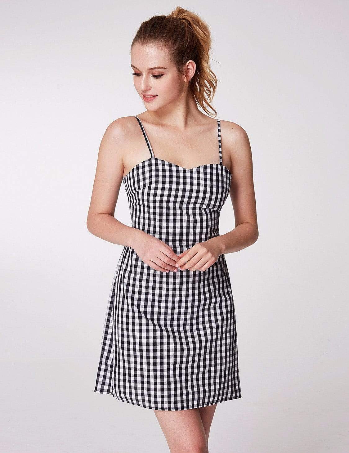 Color=White Black | Alisa Pan Open Back Gingham Mini Summer Dress-White Black 8 Color=White Black | Alisa Pan Open Back Gingham Mini Summer Dress-White Black 8